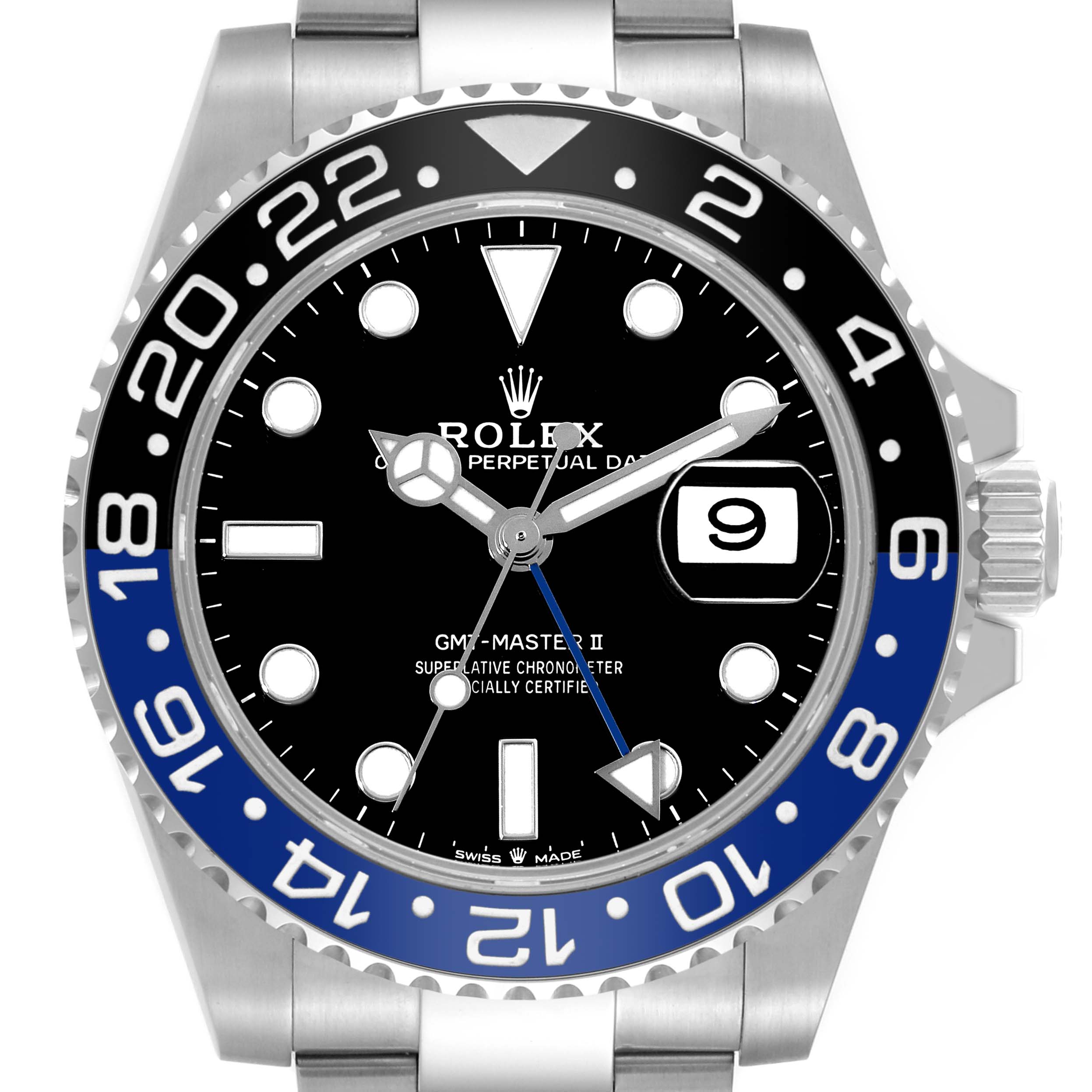 This image shows a front view of a Rolex GMT-Master 126710 Men's Stainless Steel Black Dial 126710 Men's Stainless Steel Black Dial II watch, highlighting the bezel, dial, crown, and part of the bracelet.