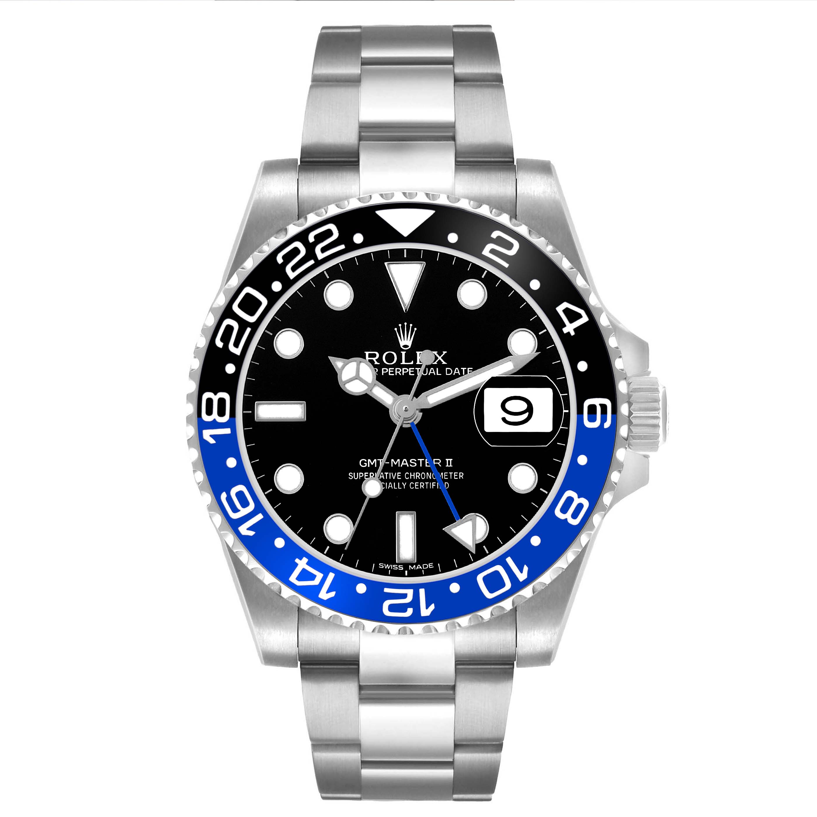 The Rolex GMT-Master 116710BLNR Men's Stainless Steel Black Dial watch is shown from a top-down angle, highlighting the dial, bezel, and bracelet.