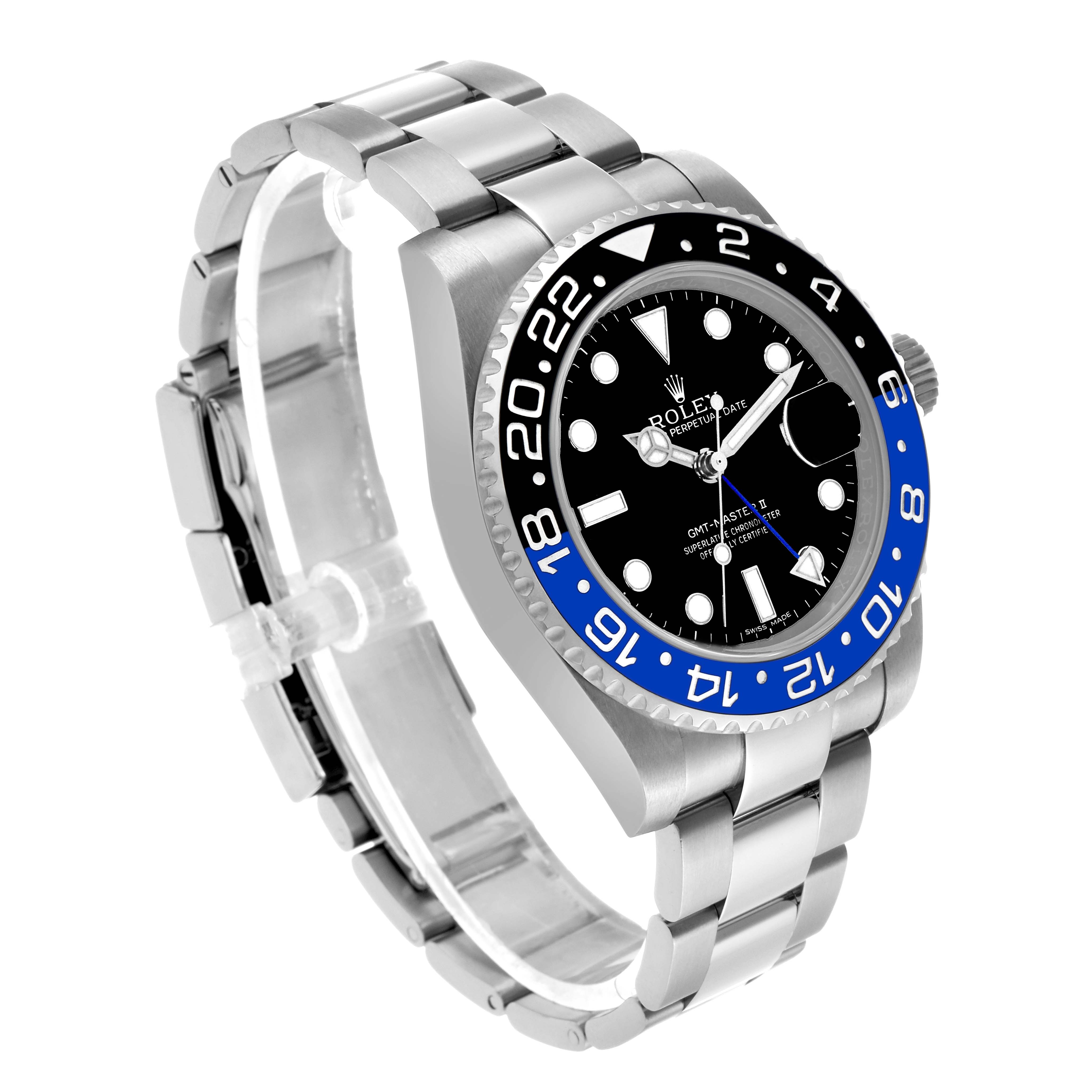 The Rolex GMT-Master 116710BLNR Men's Stainless Steel Black Dial watch is shown at a three-quarter angle, displaying the bezel, dial, bracelet, and crown.