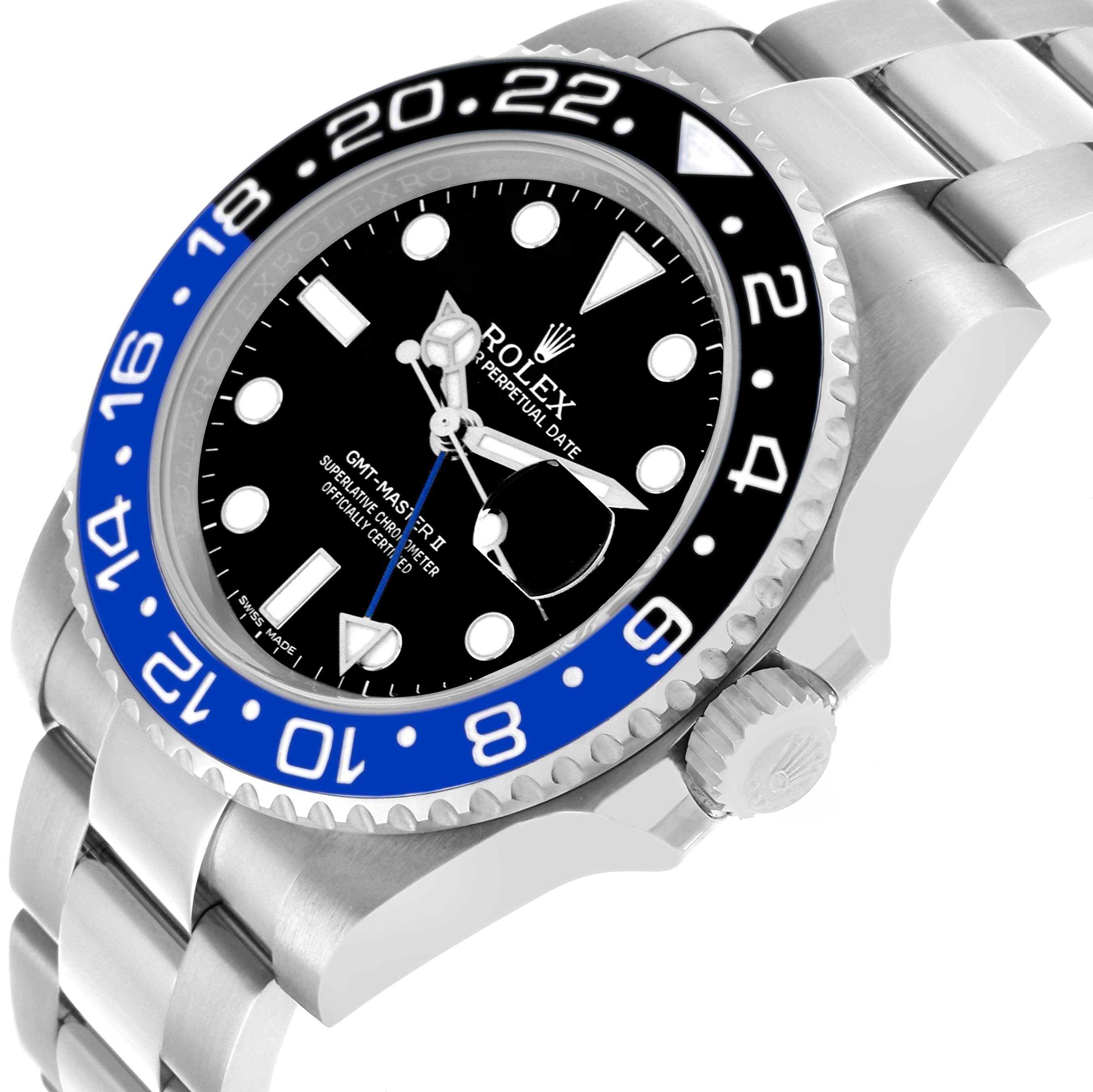The Rolex GMT-Master 116710BLNR Men's Stainless Steel Black Dial watch is shown from a side angle, displaying the bezel, crown, and part of the bracelet.