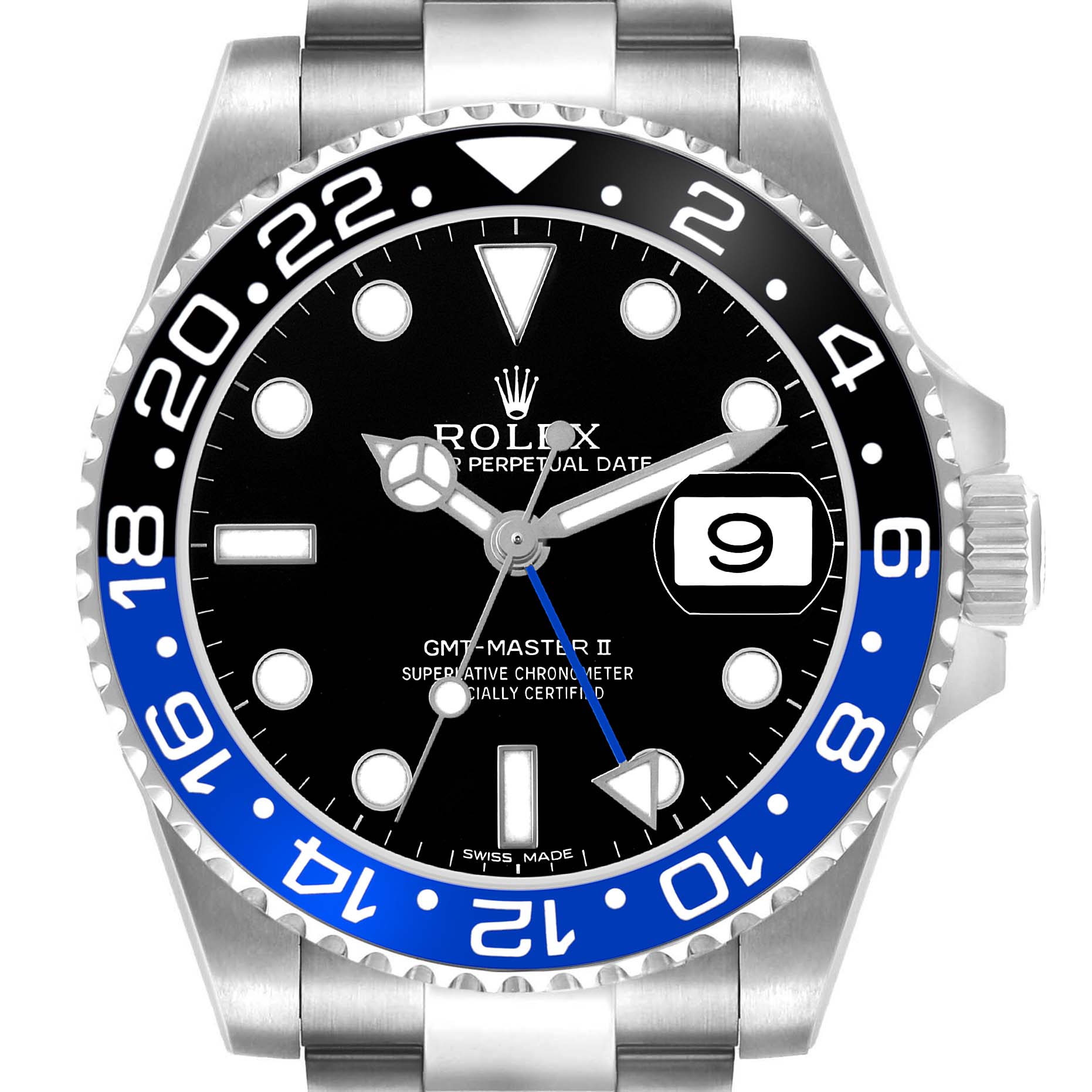 The Rolex GMT-Master 116710BLNR Men's Stainless Steel Black Dial watch is shown from the front, highlighting the bezel, dial, hands, and date window.