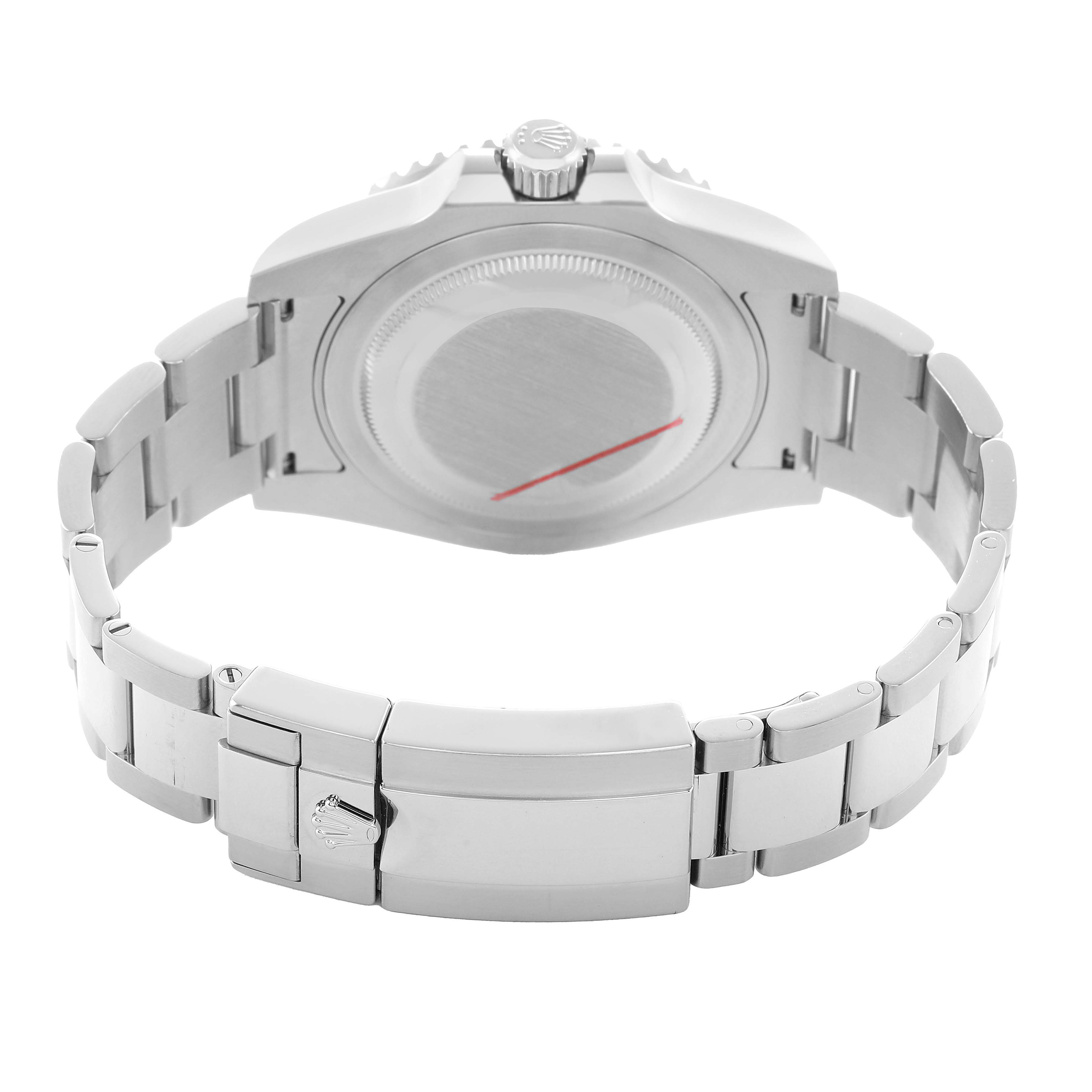 The image shows the back of the Rolex GMT-Master 116710BLNR Men's Stainless Steel Black Dial with its case back and clasp visible.