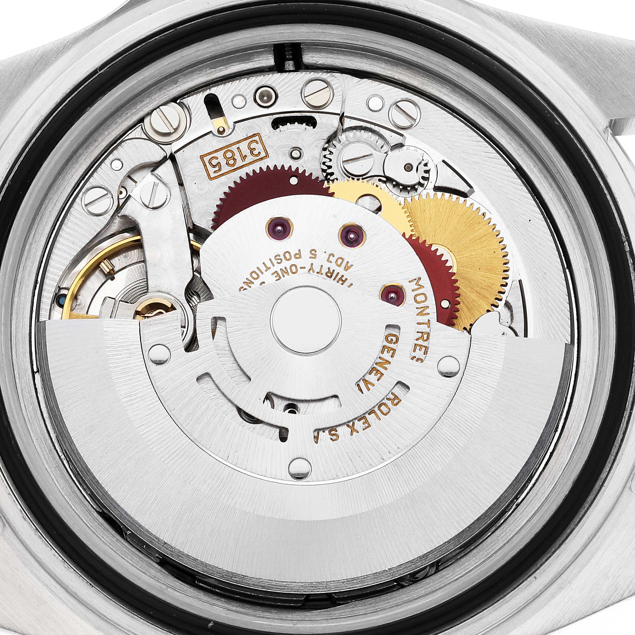 This image shows the internal movement mechanism of a Rolex GMT-Master 16713 Men's Steel and Gold (two tone) Black Dial 16713 Men's Steel and Gold (two tone) Black Dial watch, viewed from the back.