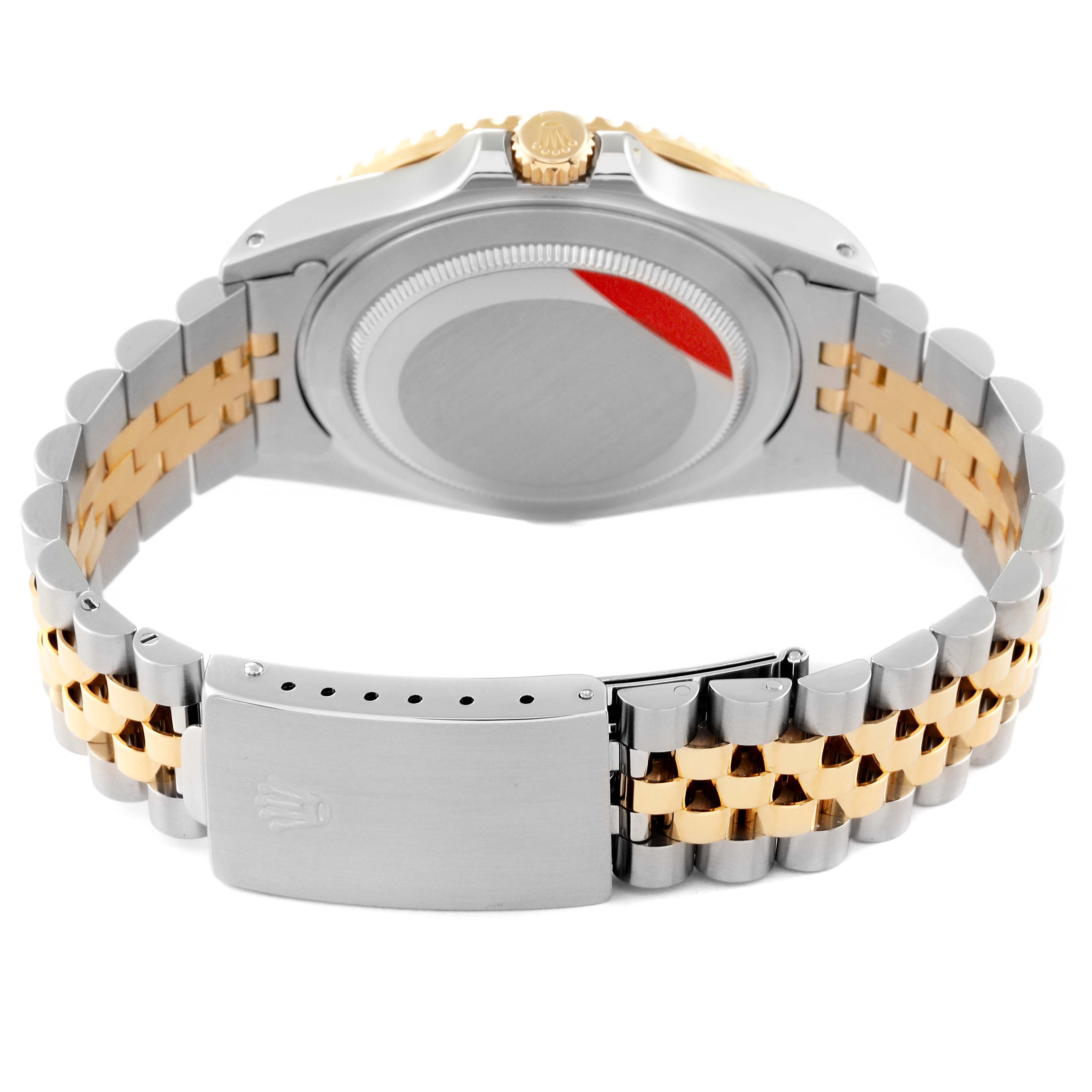 This image shows the back view of a Rolex GMT-Master 16713 Men's Steel and Gold (two tone) Black Dial 16713 Men's Steel and Gold (two tone) Black Dial watch, focusing on the clasp, bracelet, and case back.