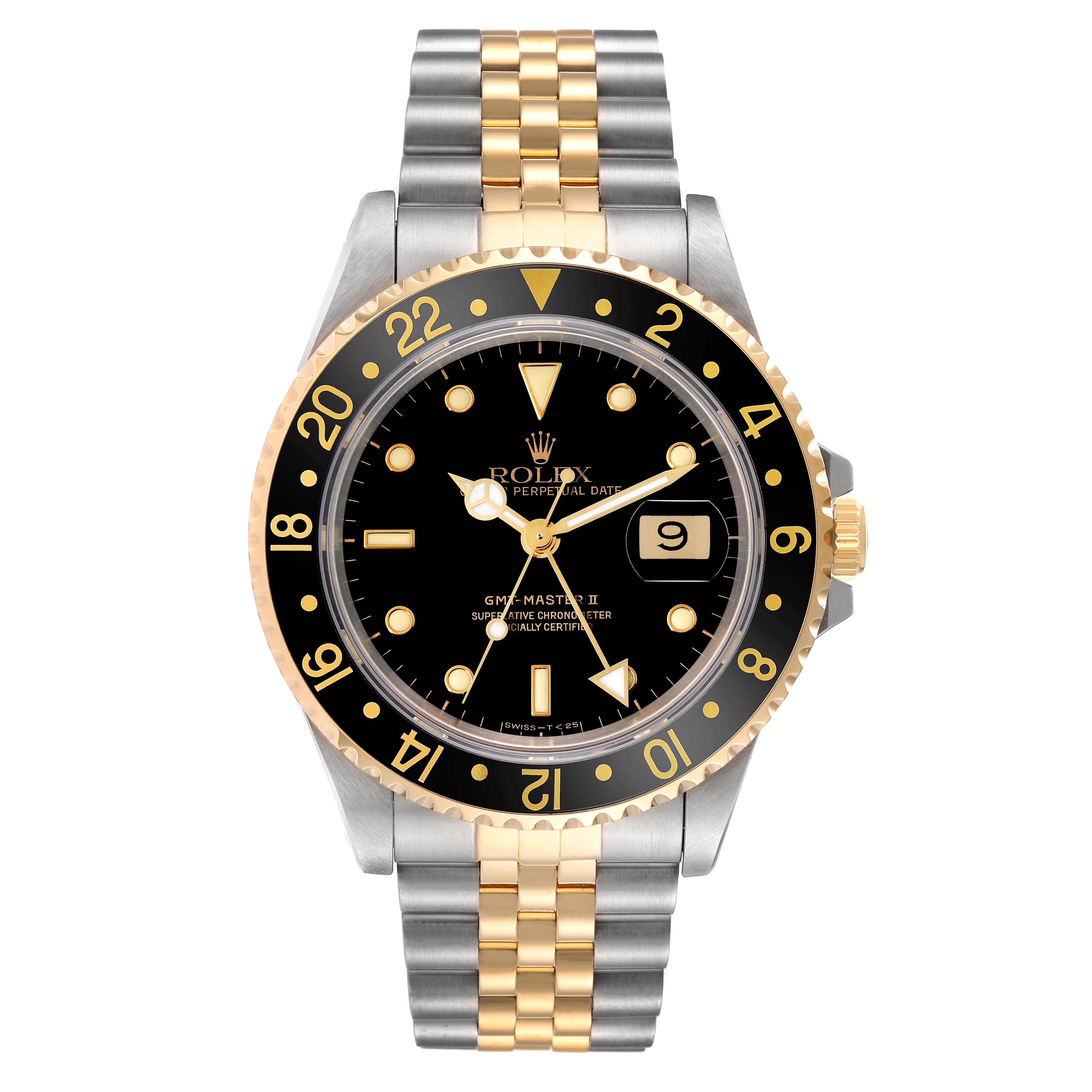 The Rolex GMT-Master 16713 Men's Steel and Gold (two tone) Black Dial 16713 Men's Steel and Gold (two tone) Black Dial watch is shown from the front, highlighting its face, bezel, bracelet, and crown.