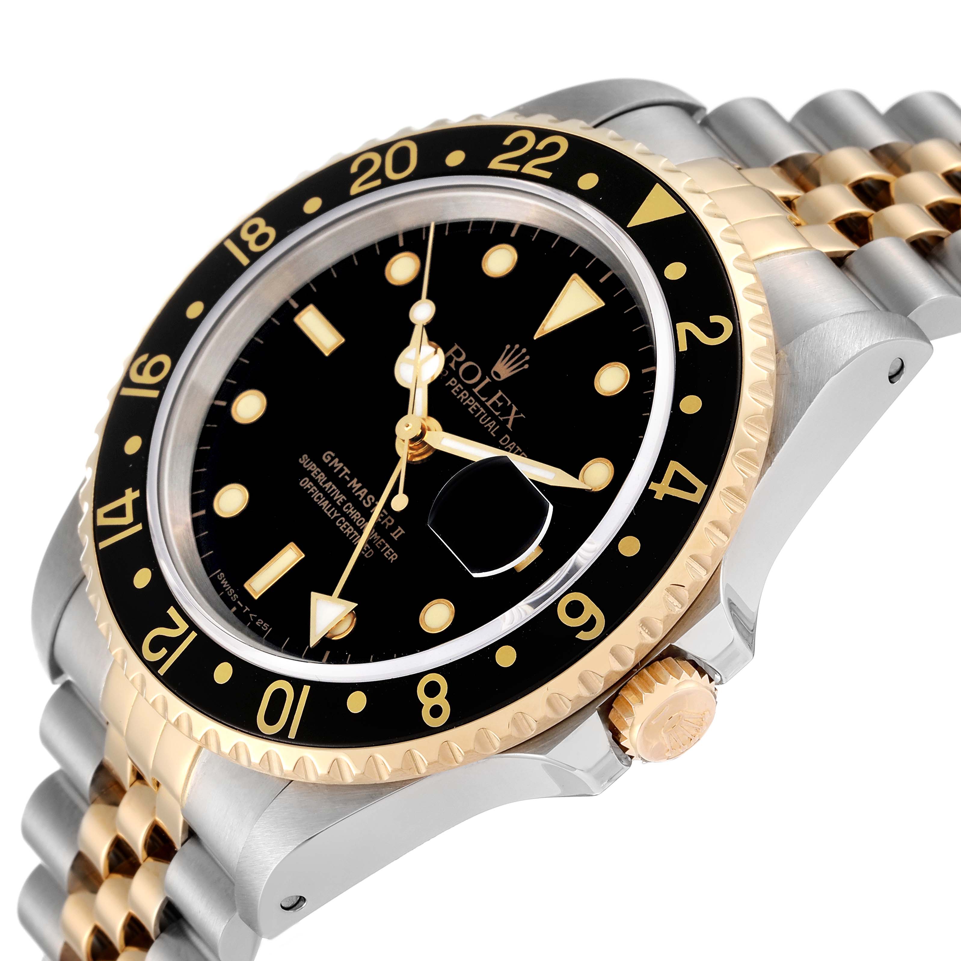 The Rolex GMT-Master 16713 Men's Steel and Gold (two tone) Black Dial 16713 Men's Steel and Gold (two tone) Black Dial II watch is shown at a slight side angle, displaying its bezel, dial, crown, and bracelet.