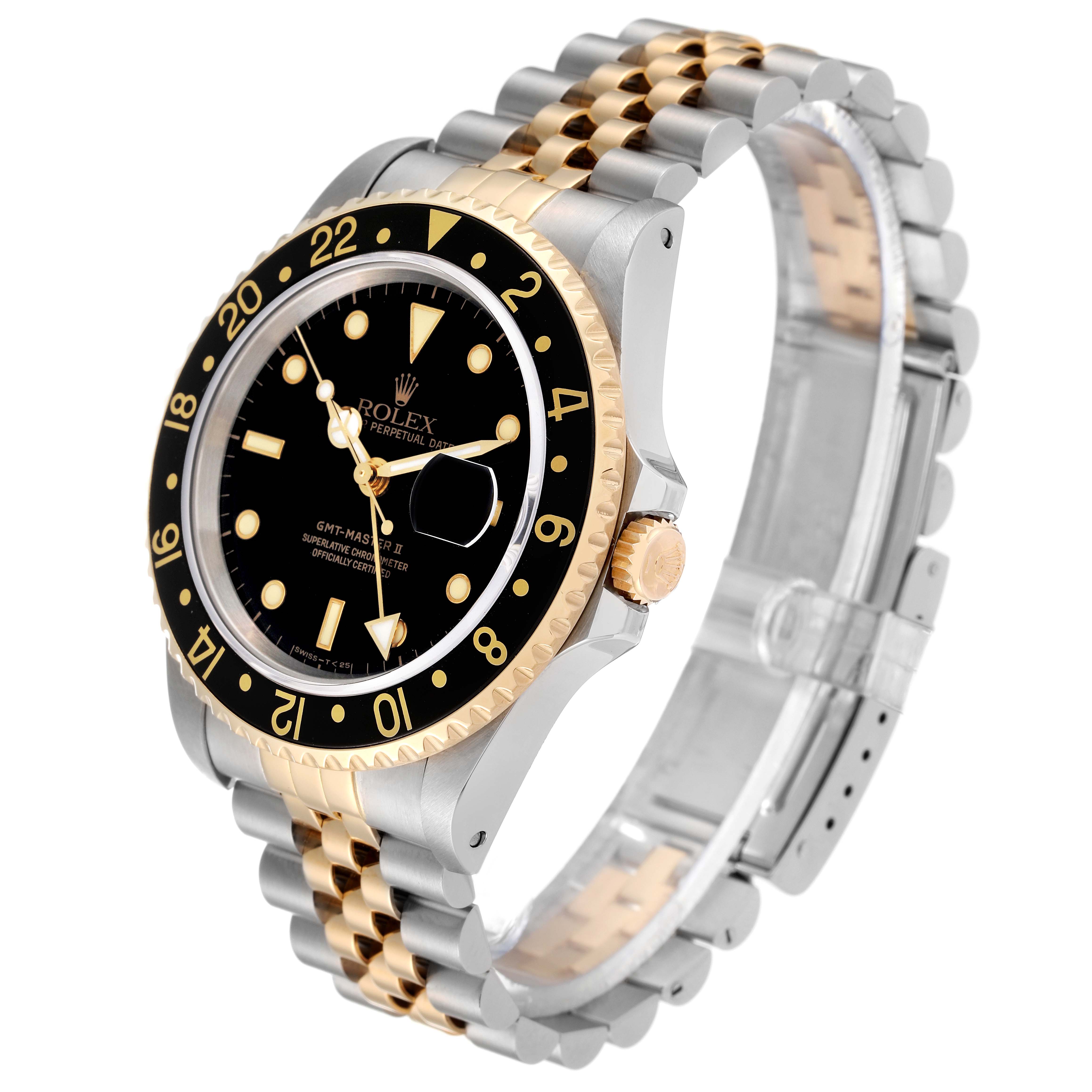 The Rolex GMT-Master 16713 Men's Steel and Gold (two tone) Black Dial 16713 Men's Steel and Gold (two tone) Black Dial watch is shown at an angle displaying its face, bezel, and two-tone bracelet.
