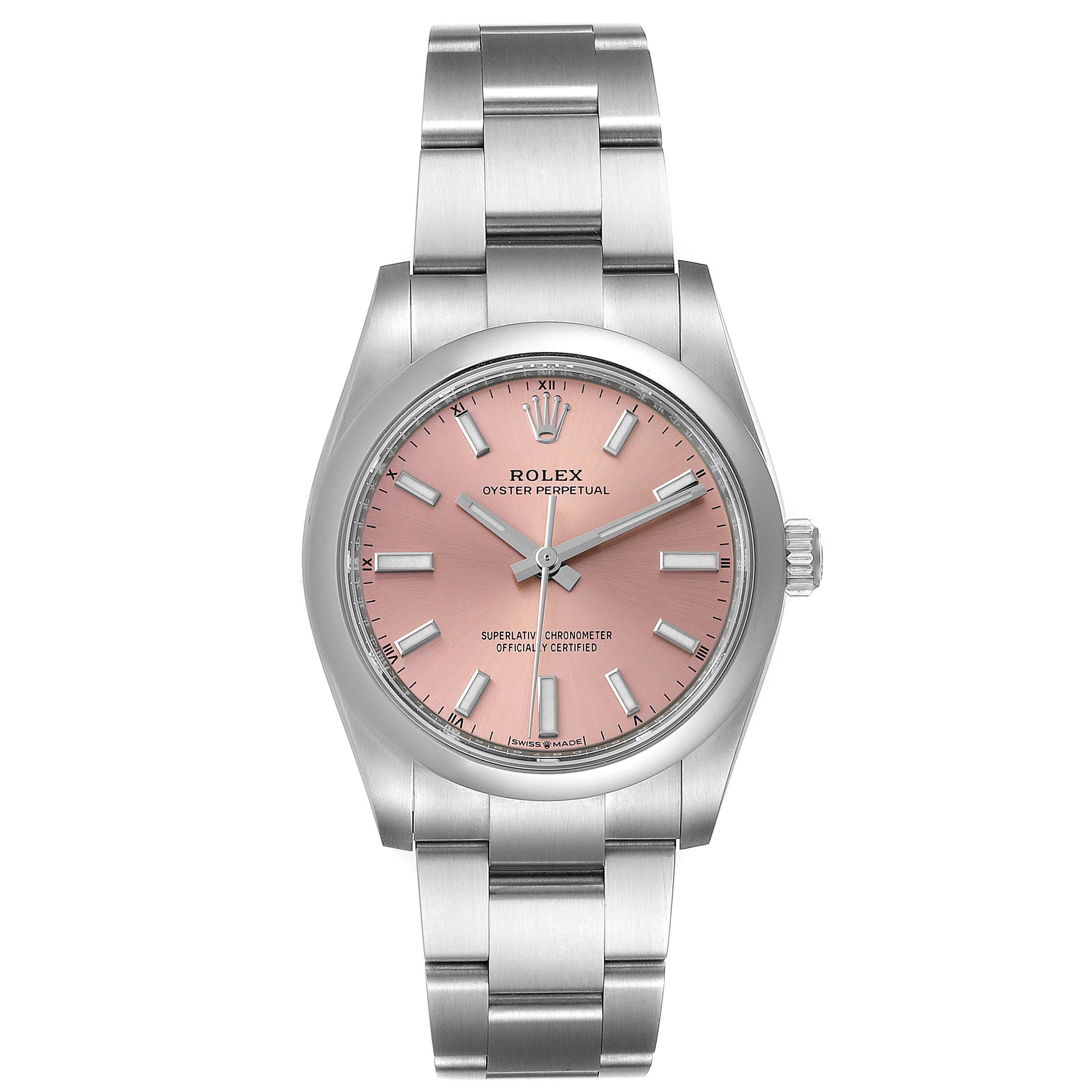 The image shows a front view of a Rolex Oyster Perpetual 124200 Men
s Stainless Steel Pink Dial 124200 Men
s Stainless Steel Pink Dial watch with a pink dial and a stainless steel bracelet.