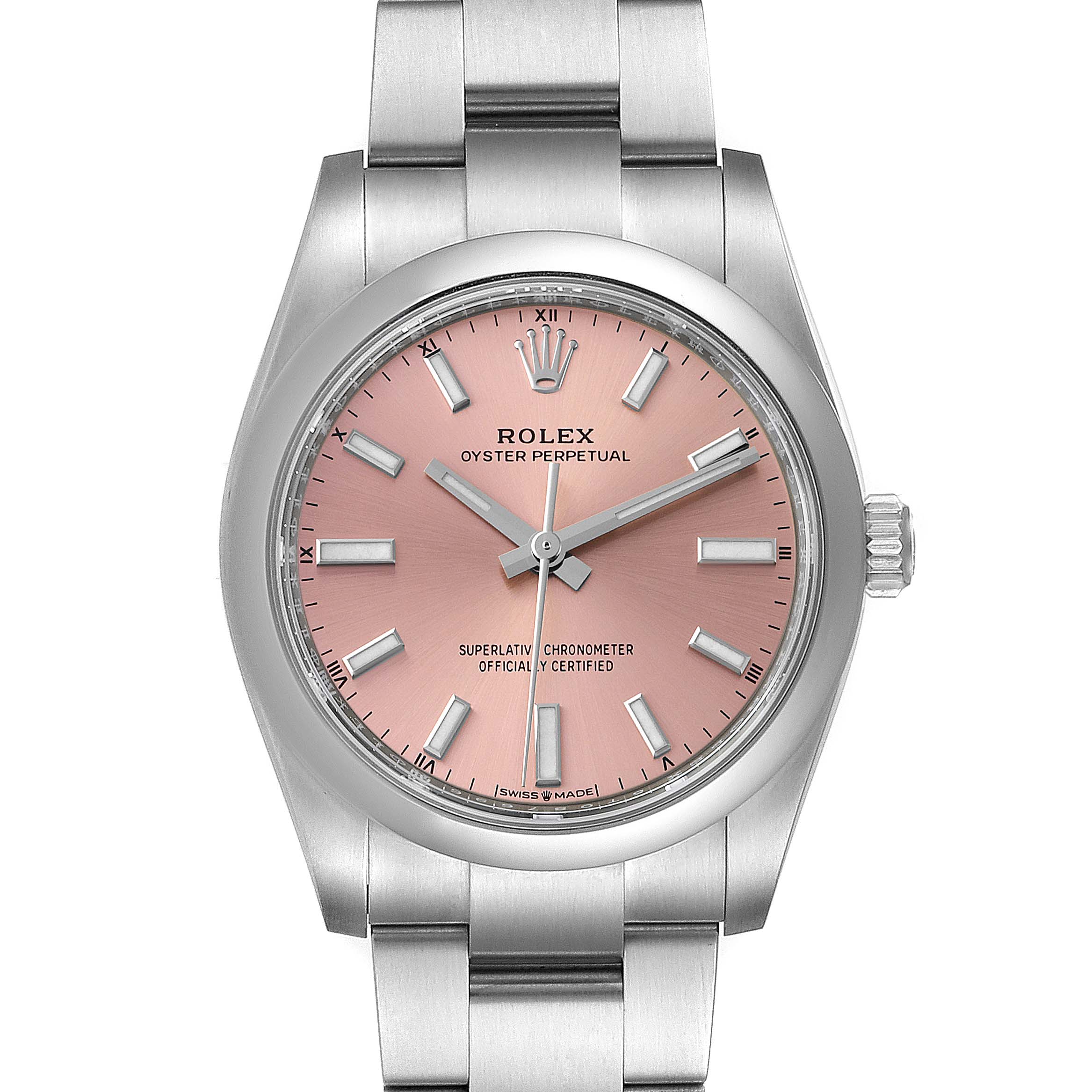 This image shows a front view of a Rolex Oyster Perpetual 124200 Men
s Stainless Steel Pink Dial 124200 Men
s Stainless Steel Pink Dial watch with a pink dial and stainless steel bracelet.