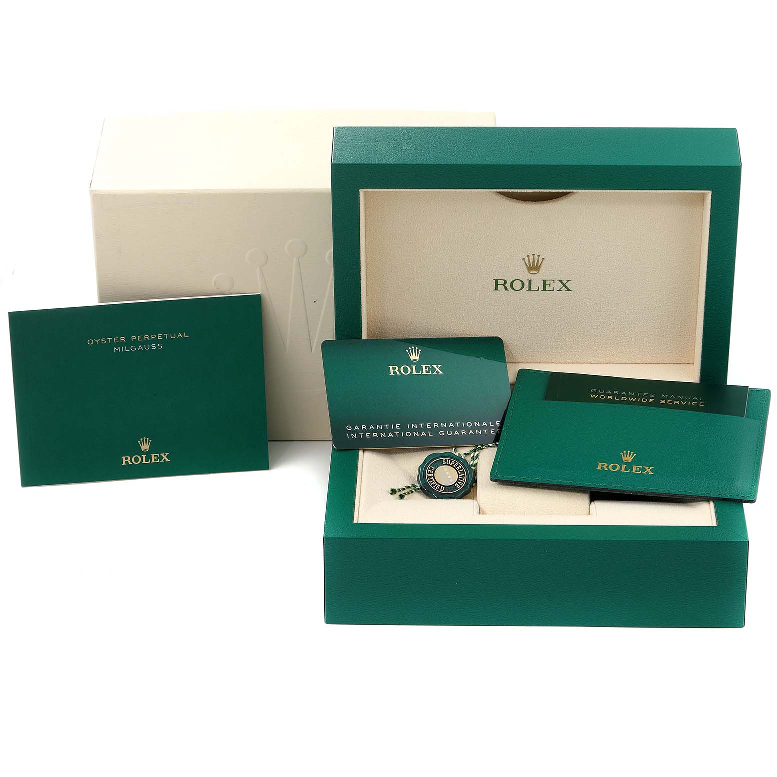 The image shows the packaging and accessories for a Rolex Oyster Perpetual 124200 Men
s Stainless Steel Pink Dial 124200 Men
s Stainless Steel Pink Dial watch, including manuals, warranty card, and tag.