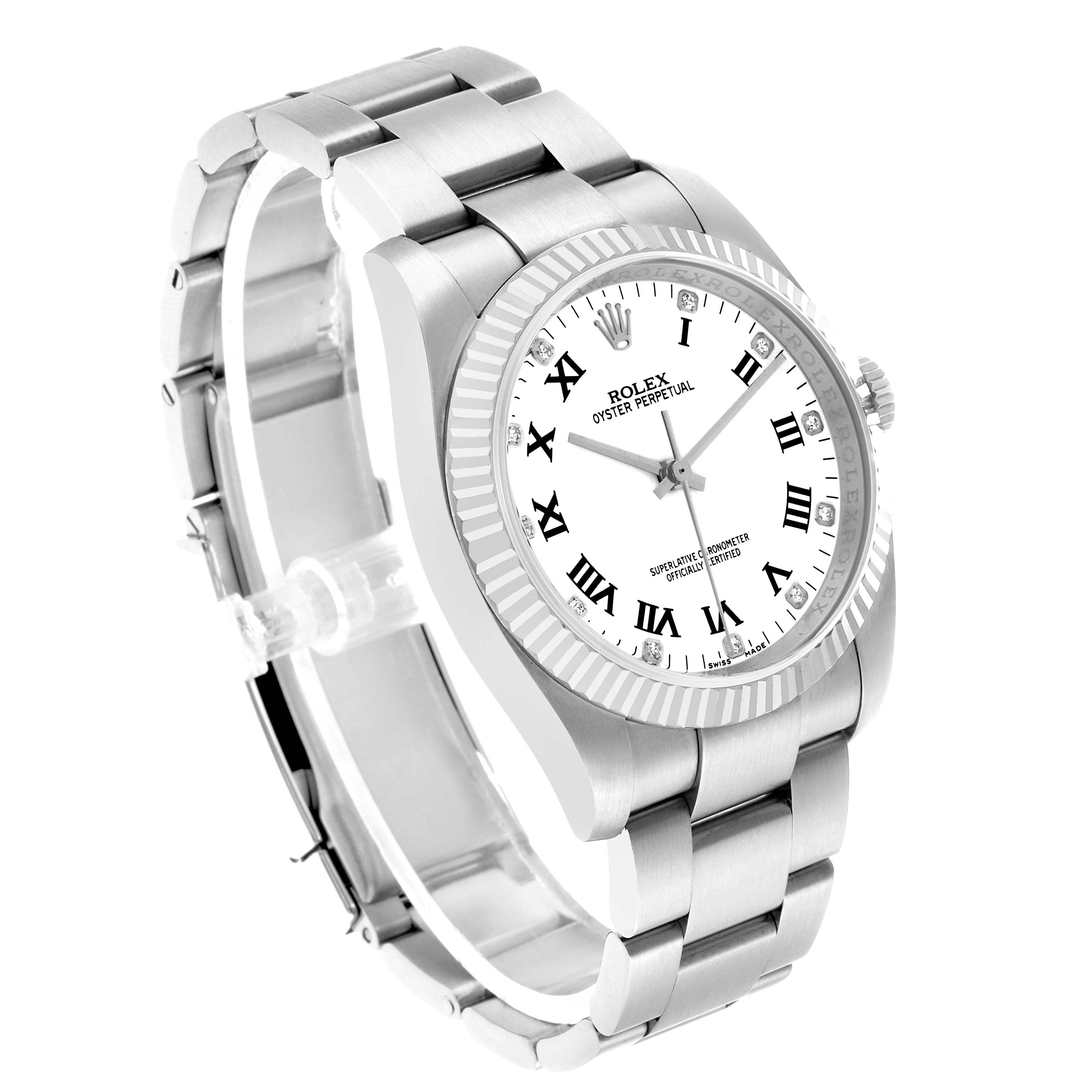 The Rolex Oyster Perpetual 116034 Men's Stainless Steel White Dial watch is shown at a three-quarter angle, highlighting the face, bezel, bracelet, and side profile.
