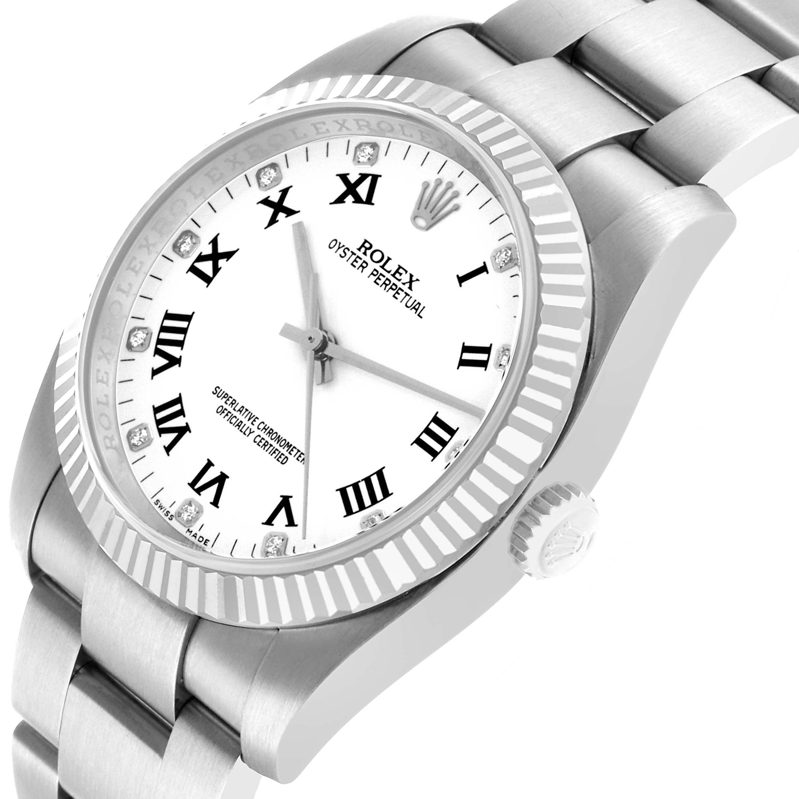 The Rolex Oyster Perpetual 116034 Men's Stainless Steel White Dial watch is shown at a slightly tilted angle, highlighting the face, bezel, and bracelet.