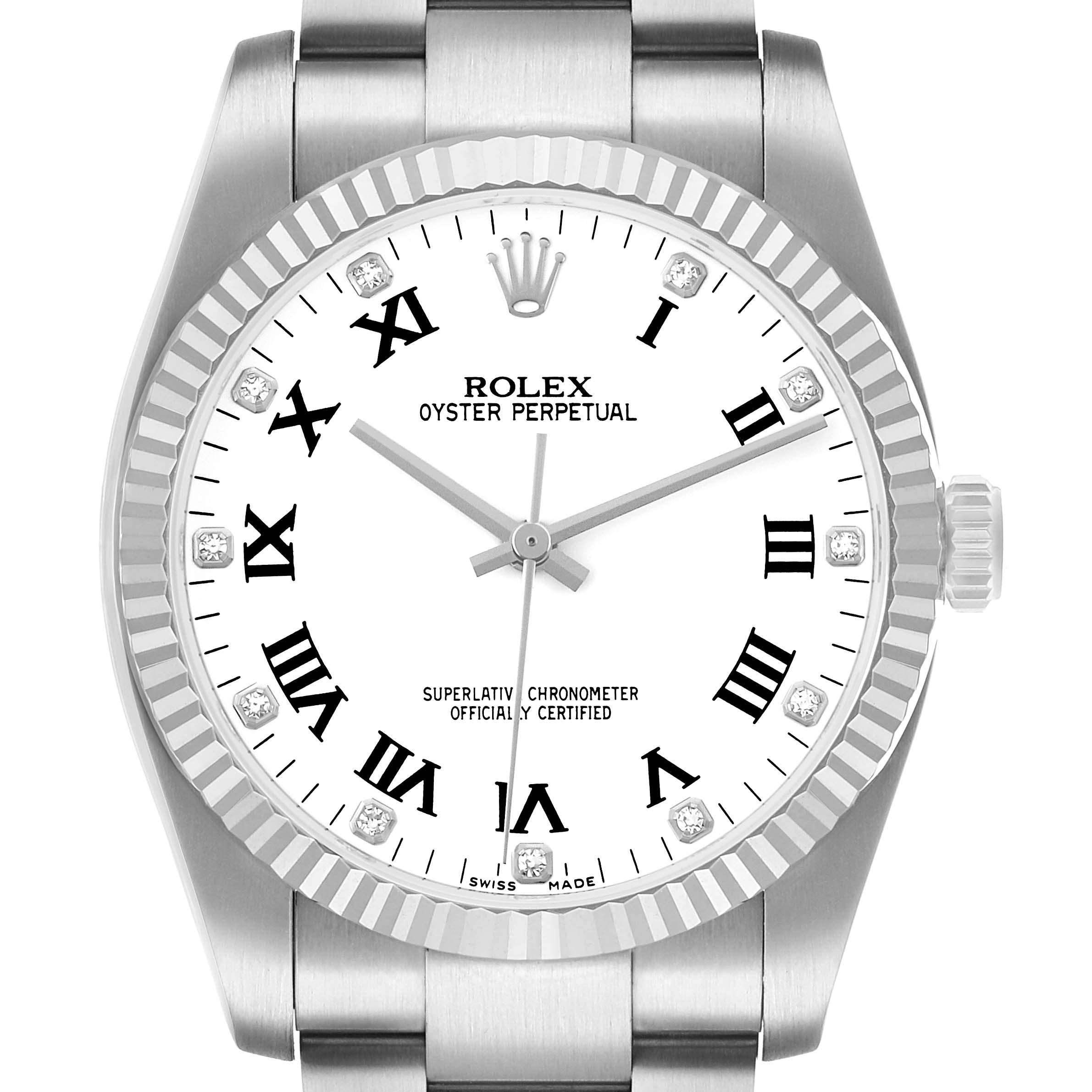 The Rolex Oyster Perpetual 116034 Men's Stainless Steel White Dial watch is shown from a frontal angle, highlighting the dial, bezel, and part of the bracelet.