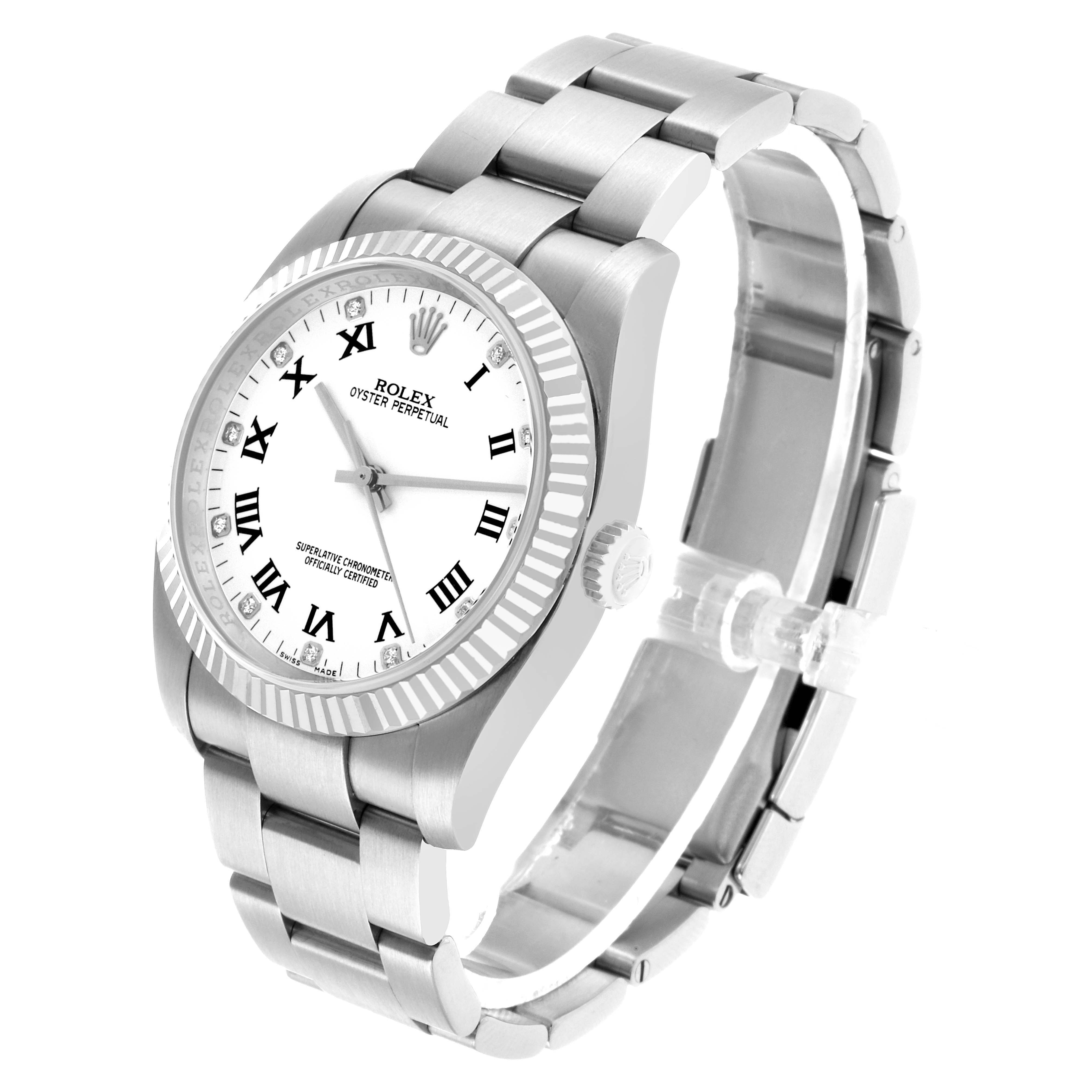 The Rolex Oyster Perpetual 116034 Men's Stainless Steel White Dial watch is shown at a 3/4 angle, highlighting the face, bezel, crown, and bracelet.