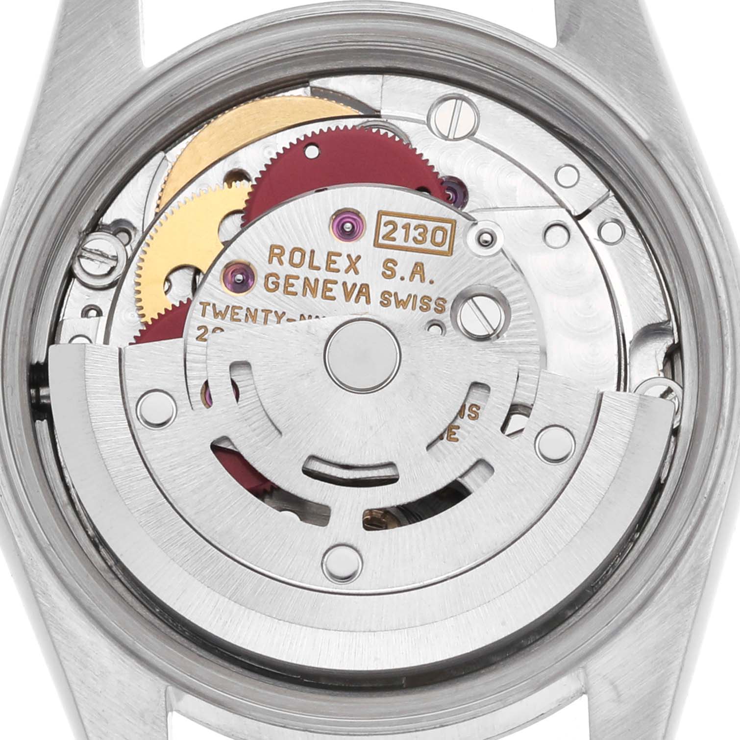 The image shows the movement of a Rolex Oyster Perpetual 67180 Women's Stainless Steel Blue Dial watch from the back, revealing gears and the rotor mechanism.