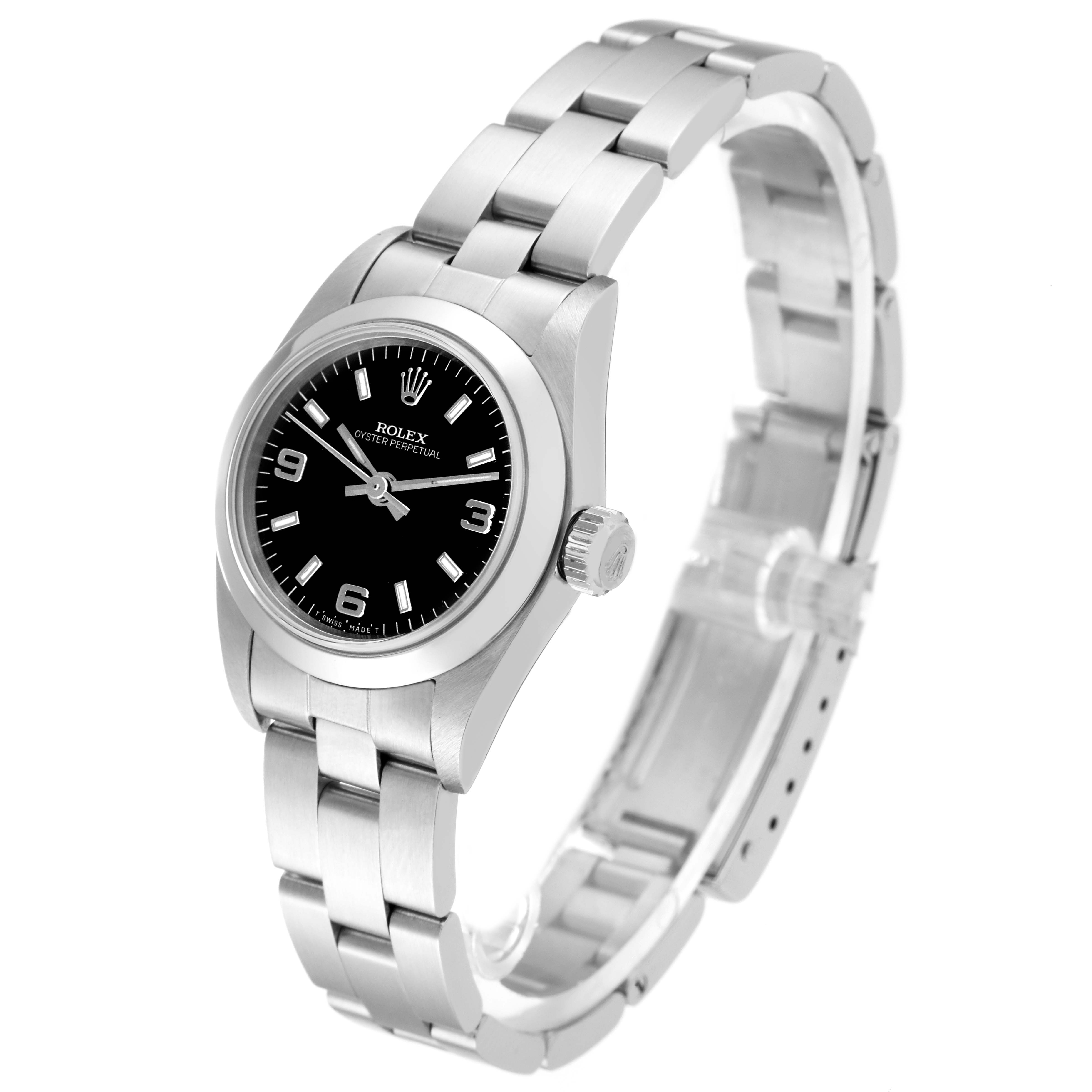 The Rolex Oyster Perpetual 67180 Women's Stainless Steel Black Dial 67180 Women's Stainless Steel Black Dial watch is shown from a three-quarter angle, displaying the face, bezel, crown, and stainless steel bracelet.