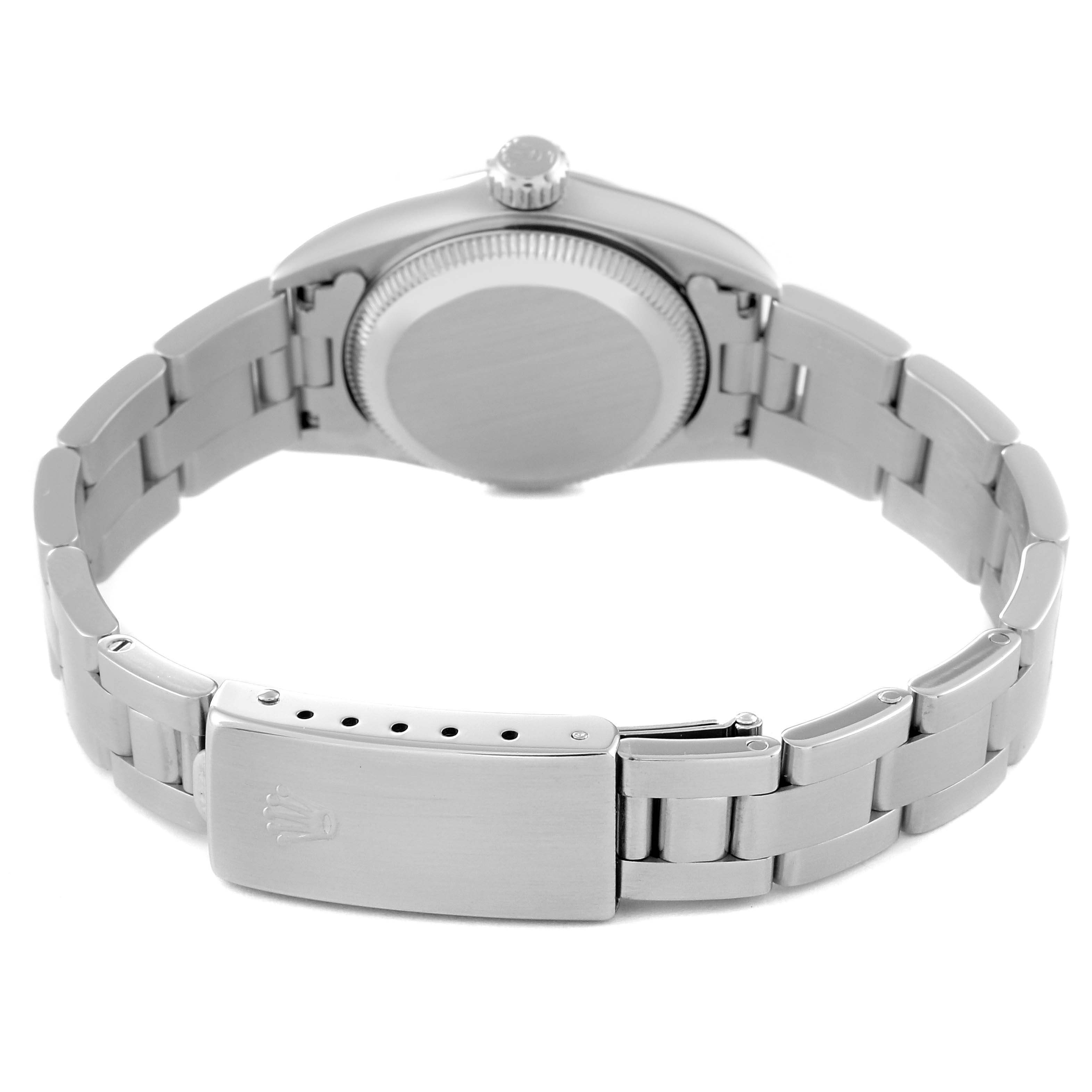 The image shows the back and clasp of a Rolex Oyster Perpetual 67180 Women's Stainless Steel Black Dial 67180 Women's Stainless Steel Black Dial watch, highlighting the watch's case back, bracelet, and clasp.