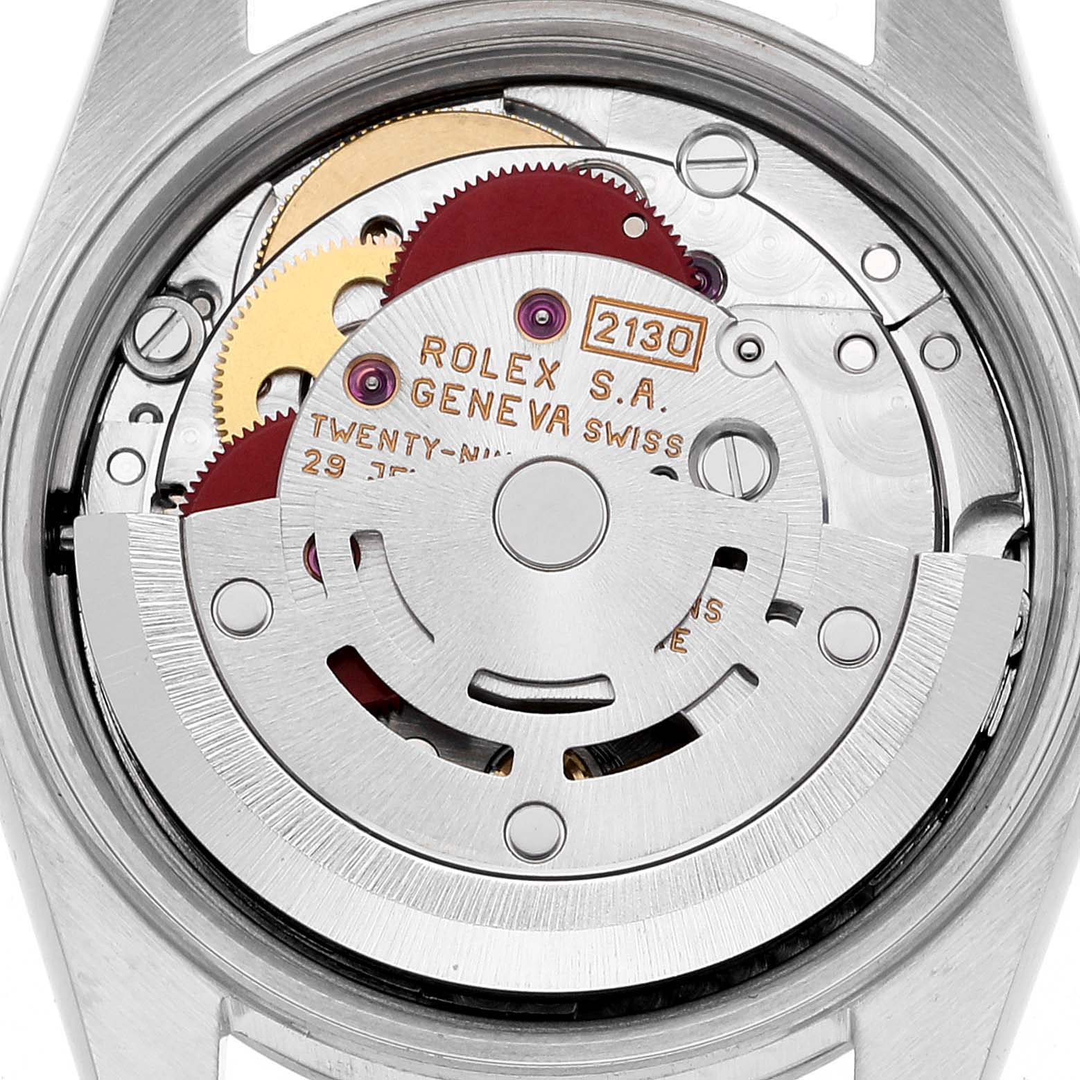 The image shows the internal mechanical movement of a Rolex Oyster Perpetual 67180 Women's Stainless Steel Black Dial 67180 Women's Stainless Steel Black Dial watch from the rear.