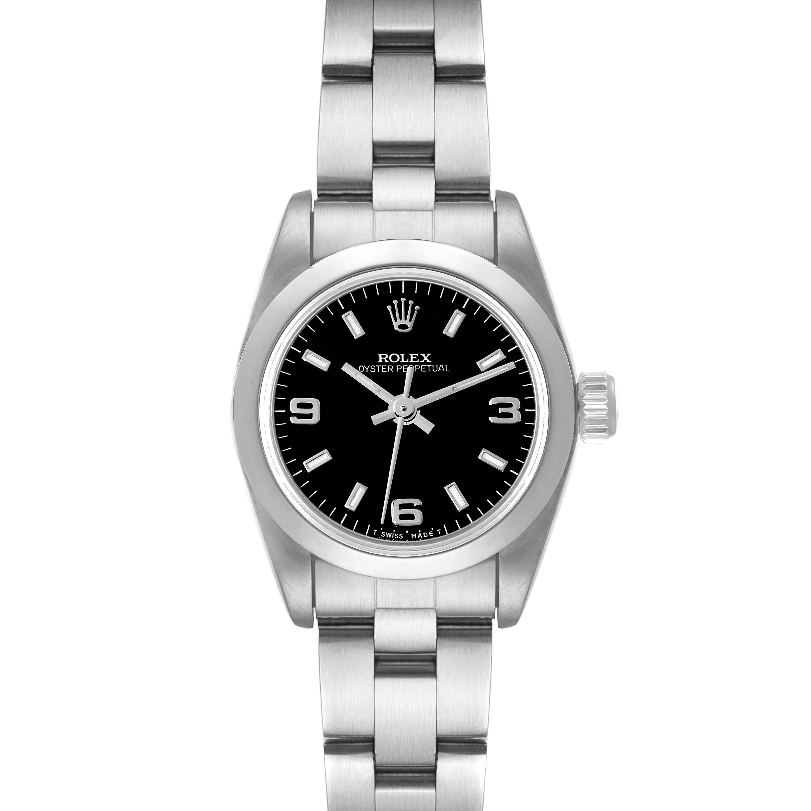This image shows a front view of the Rolex Oyster Perpetual 67180 Women's Stainless Steel Black Dial 67180 Women's Stainless Steel Black Dial watch, highlighting its black dial and stainless steel bracelet.