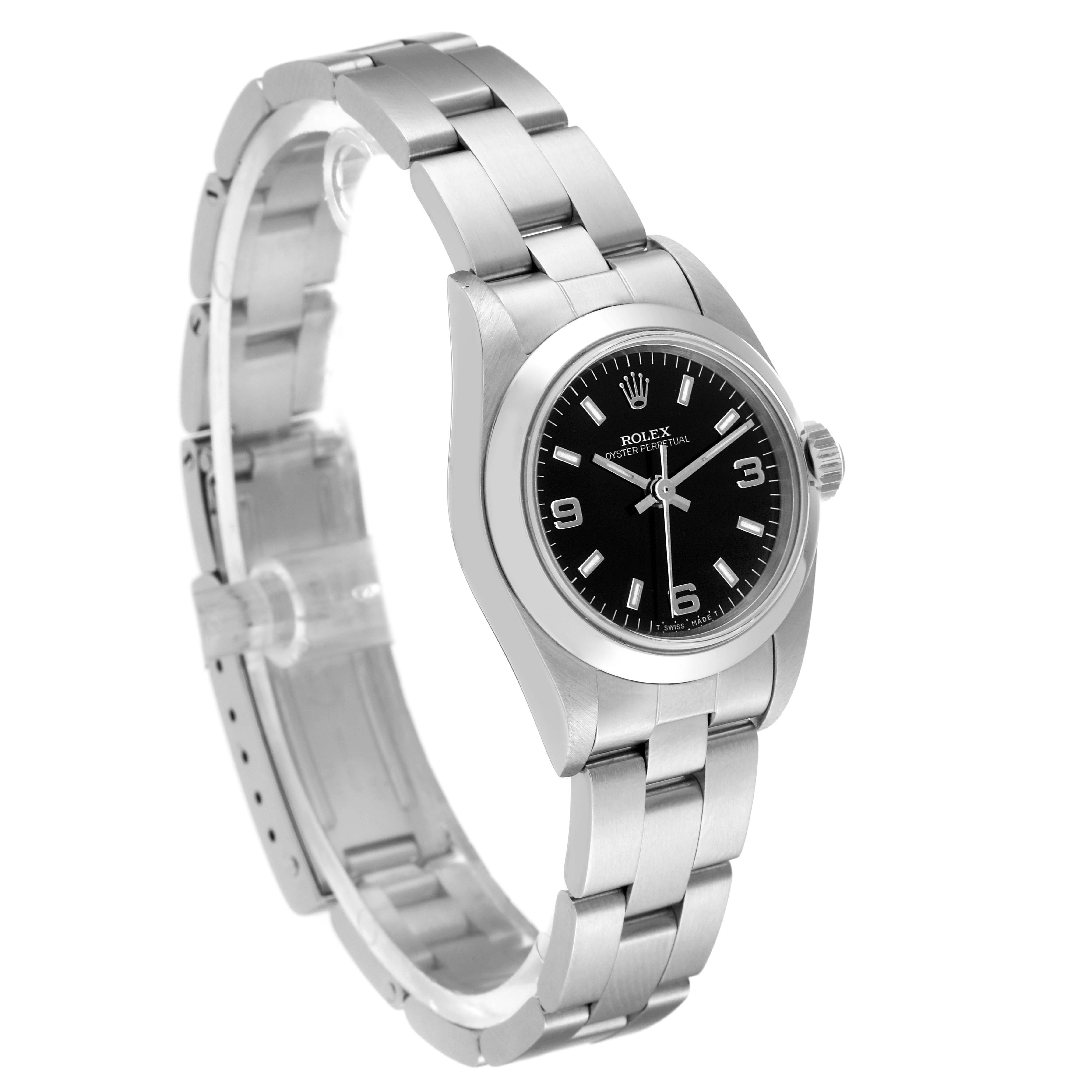The image shows a Rolex Oyster Perpetual 67180 Women's Stainless Steel Black Dial 67180 Women's Stainless Steel Black Dial watch from an angled side view, highlighting its bracelet, case, and dial.