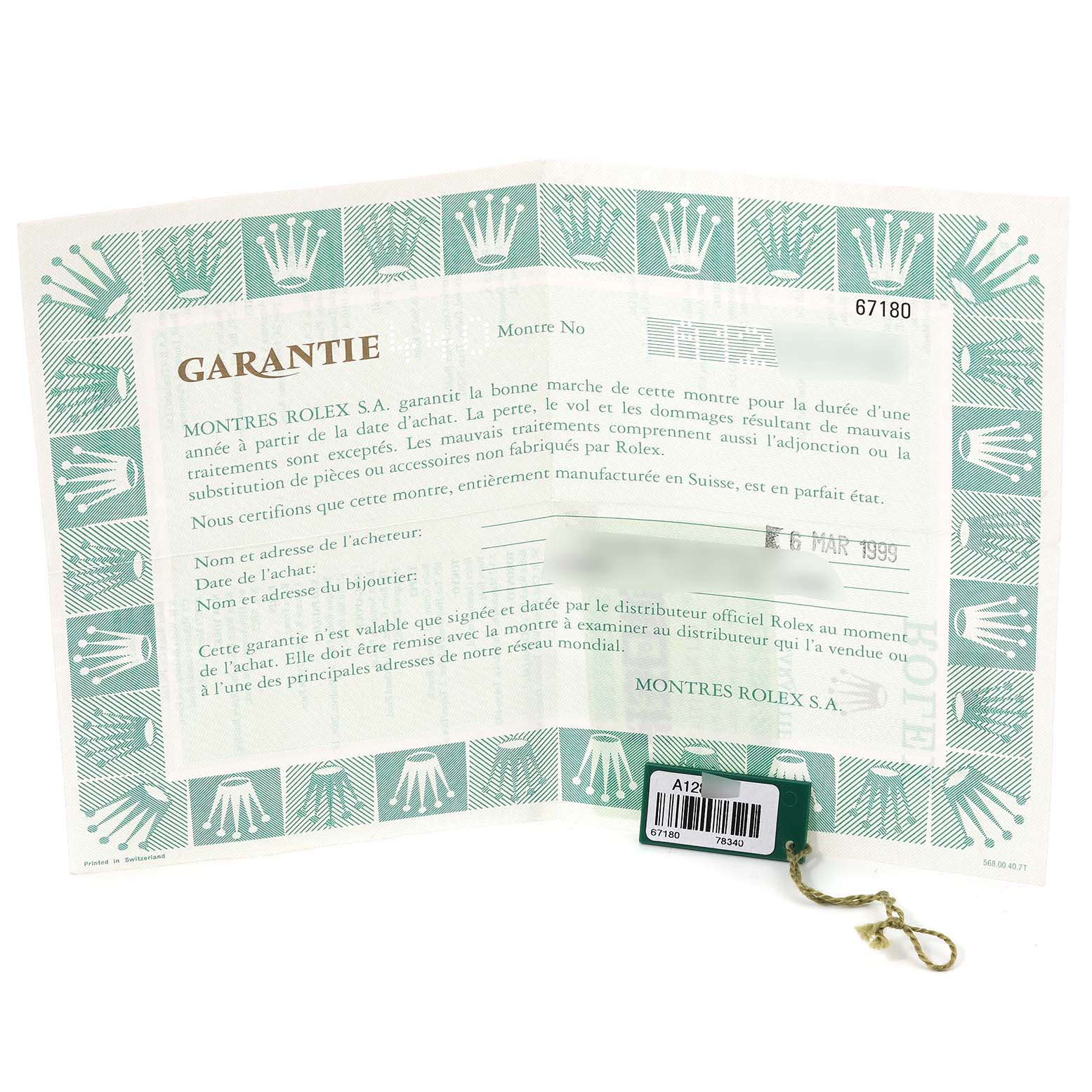 The image shows a warranty certificate and hang tag for a Rolex Oyster Perpetual 67180 Women's Stainless Steel Black Dial 67180 Women's Stainless Steel Black Dial, model number 67180.