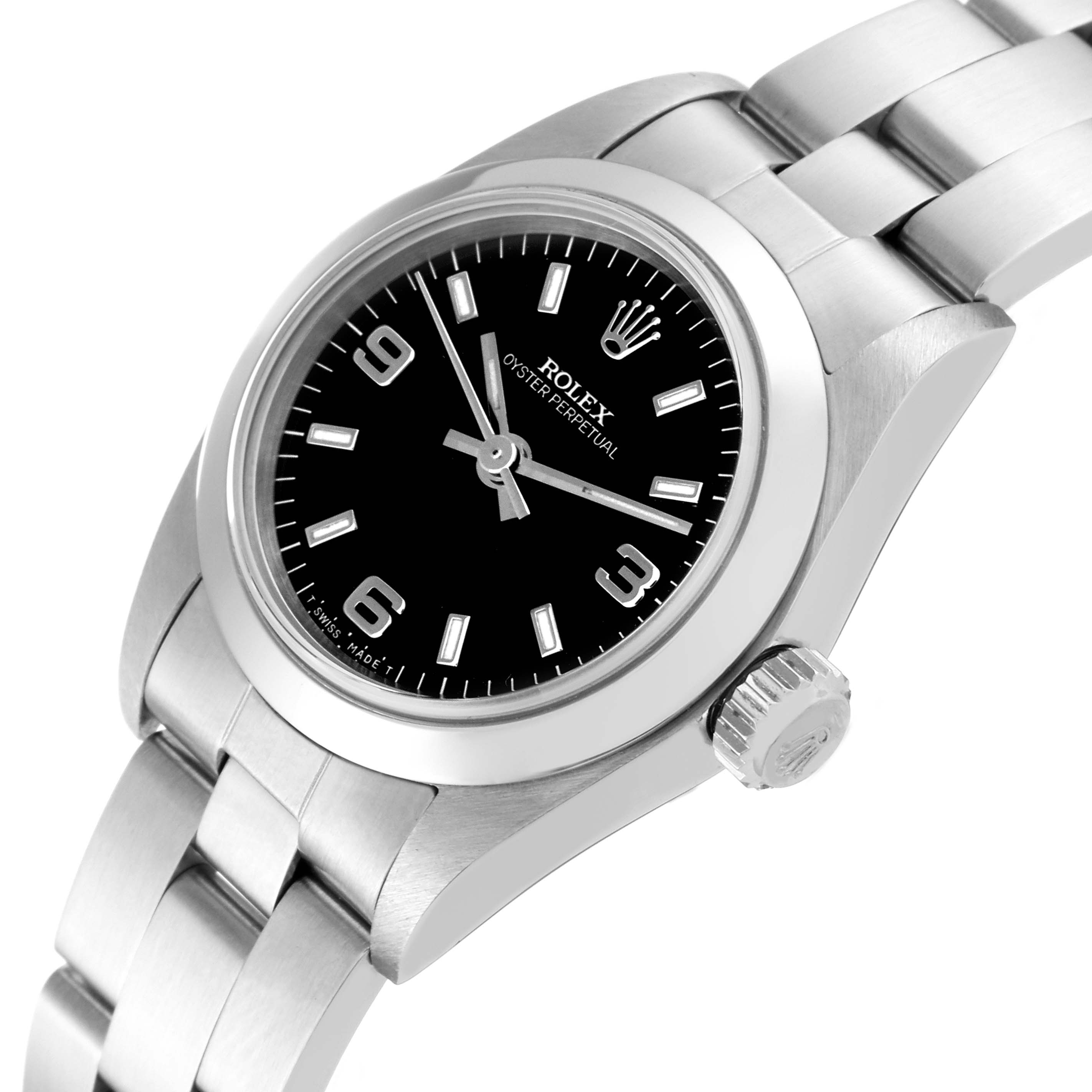 The image shows a Rolex Oyster Perpetual 67180 Women's Stainless Steel Black Dial 67180 Women's Stainless Steel Black Dial watch from a slight side angle, highlighting its face, crown, and bracelet.