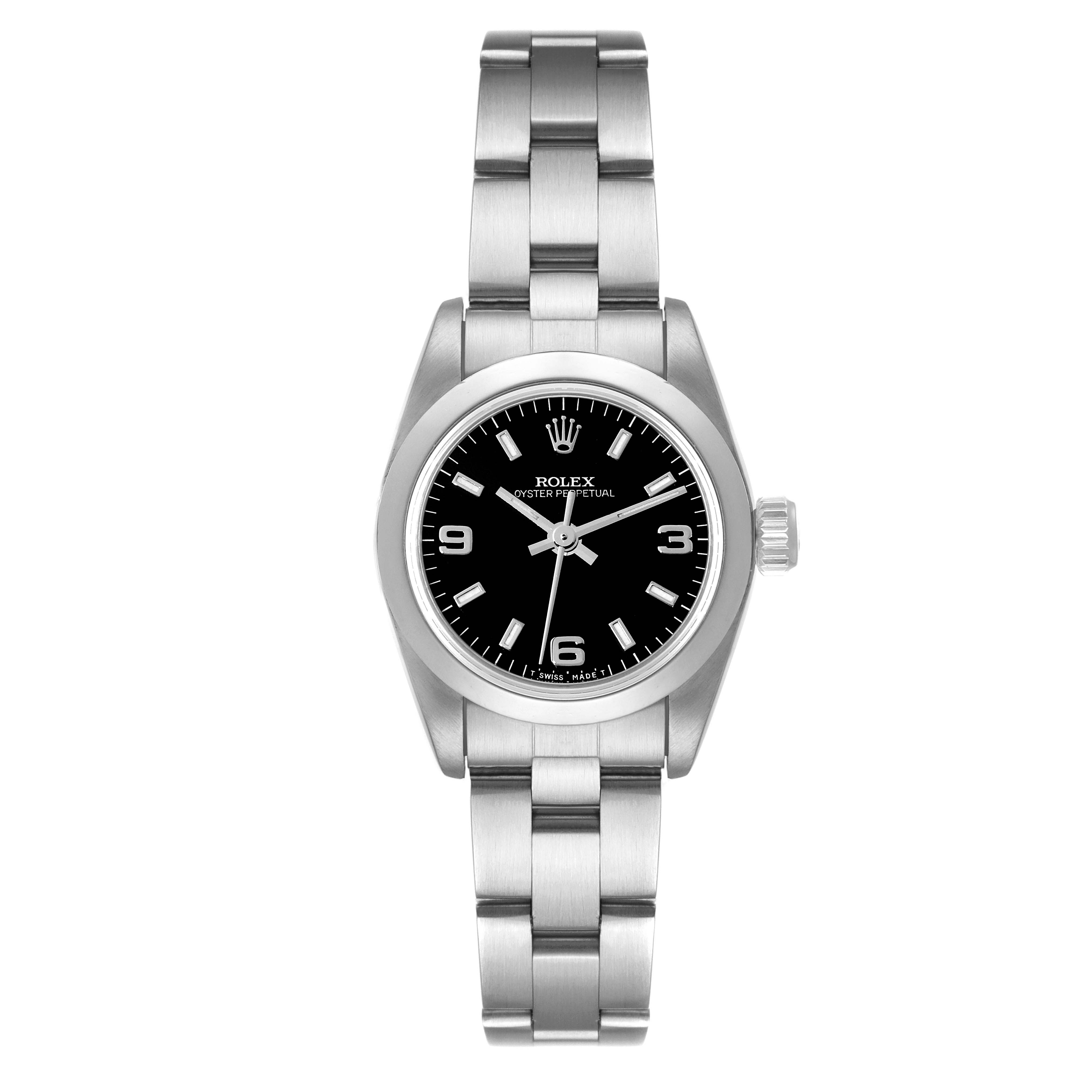 The Rolex Oyster Perpetual 67180 Women's Stainless Steel Black Dial 67180 Women's Stainless Steel Black Dial watch is displayed from a front angle showing its face, bezel, and bracelet.