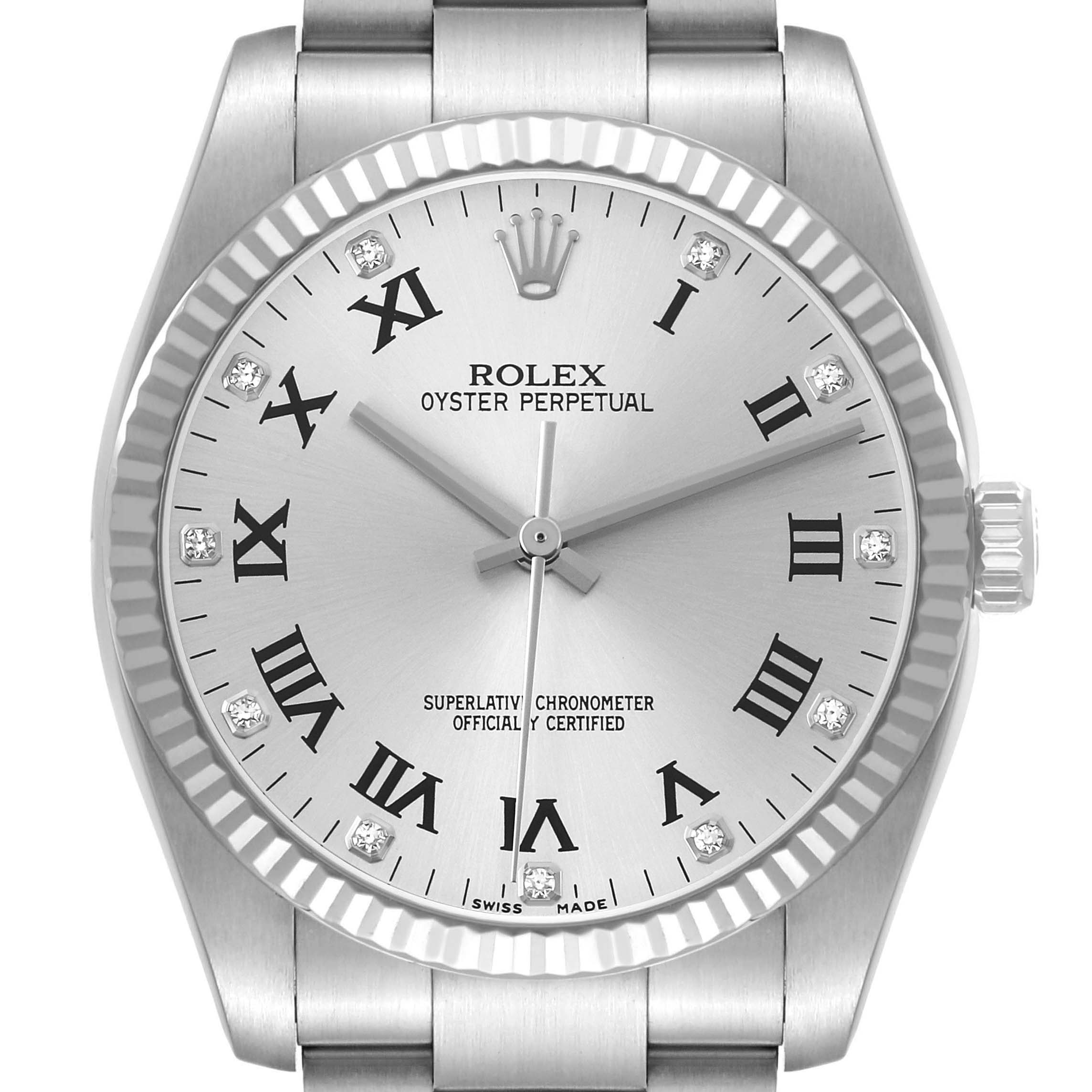 The image shows a front view of a Rolex Oyster Perpetual 116034 Men's Stainless Steel Silver Dial watch, highlighting the dial, roman numeral markers, hands, and bezel.