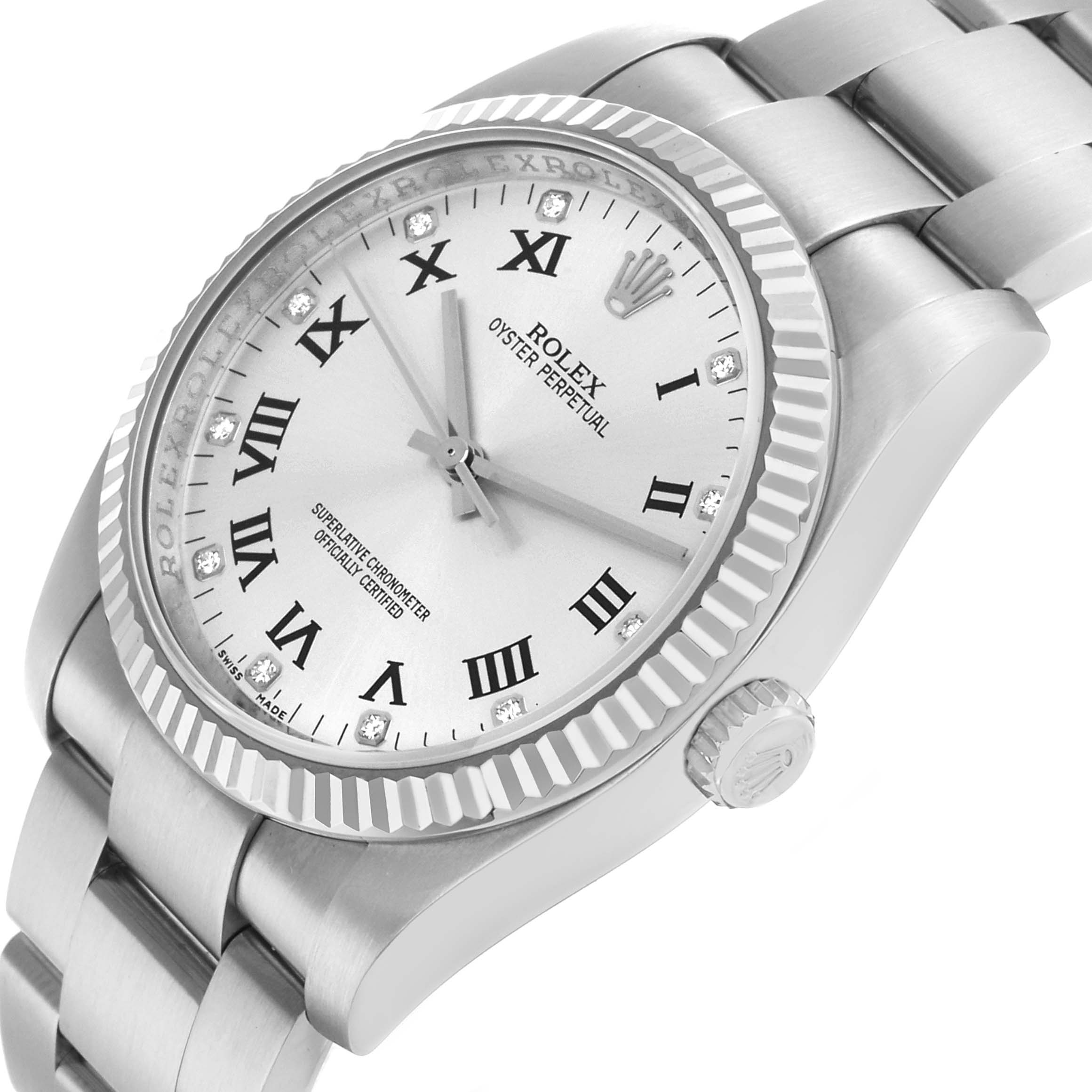 The Rolex Oyster Perpetual 116034 Men's Stainless Steel Silver Dial watch is shown at an angled view, highlighting the bezel, crown, dial, and part of the bracelet.