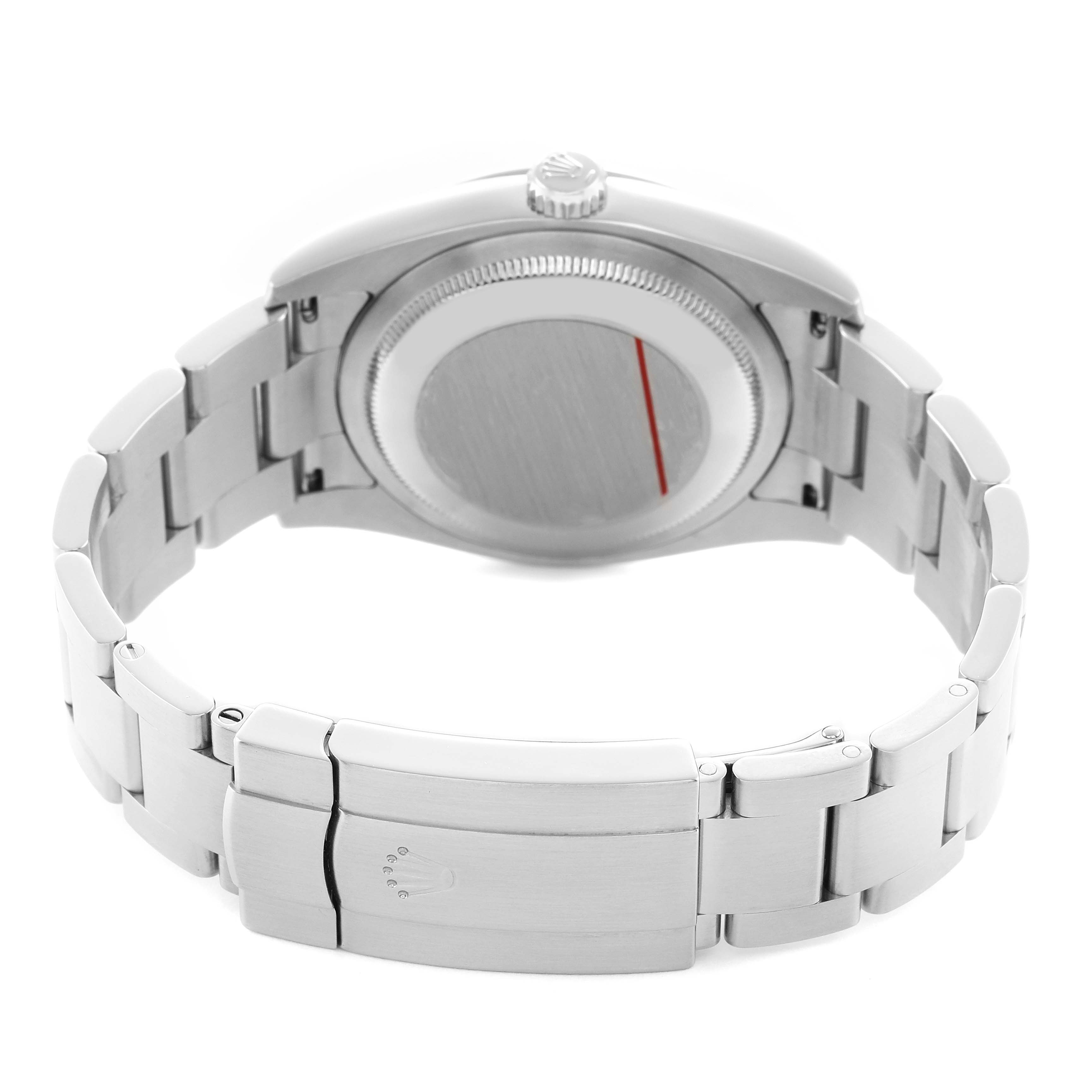 The image shows the back view of a Rolex Oyster Perpetual 116034 Men's Stainless Steel Silver Dial watch, highlighting the case back and bracelet.