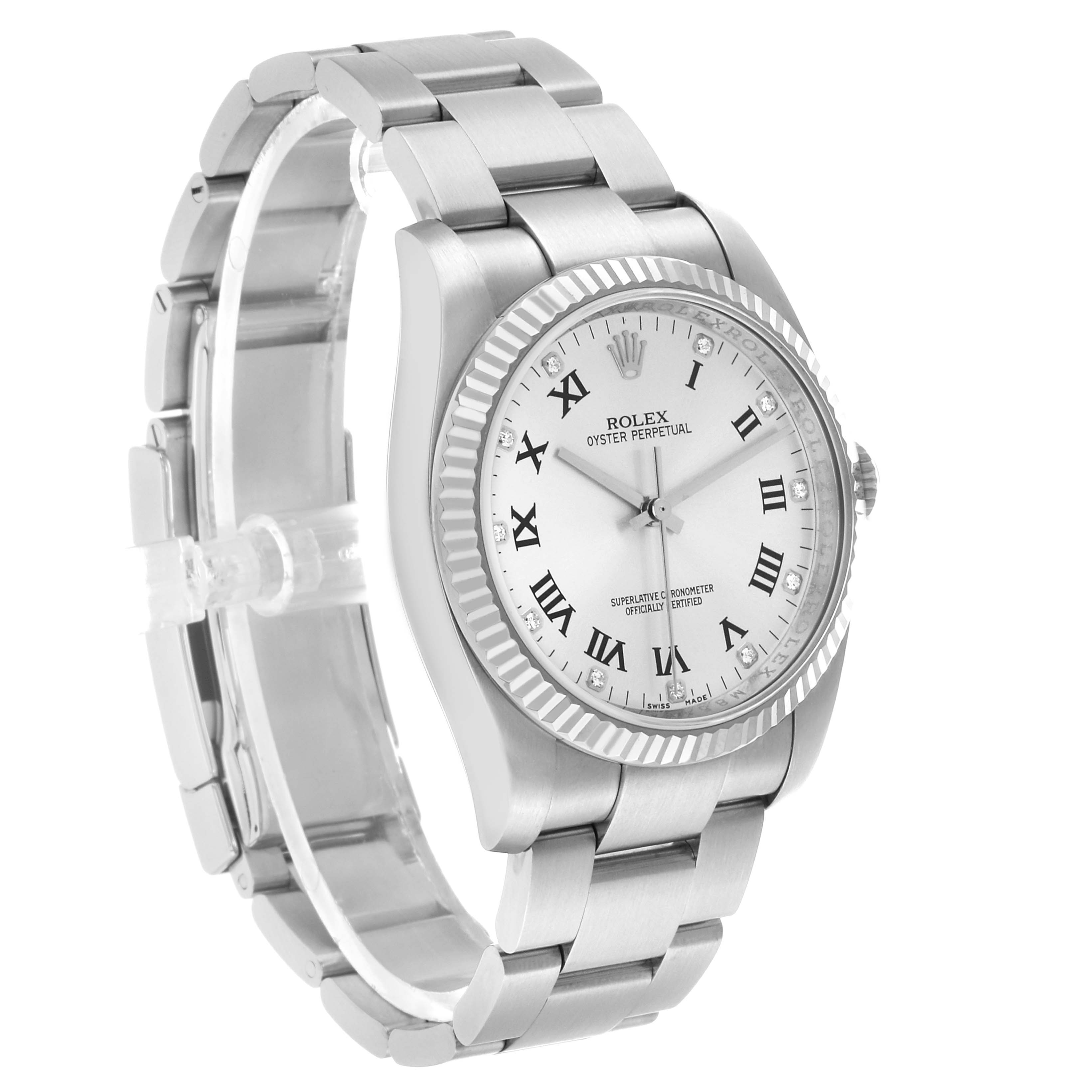 The image shows a Rolex Oyster Perpetual 116034 Men's Stainless Steel Silver Dial watch at a side angle, highlighting the bracelet, bezel, and dial.