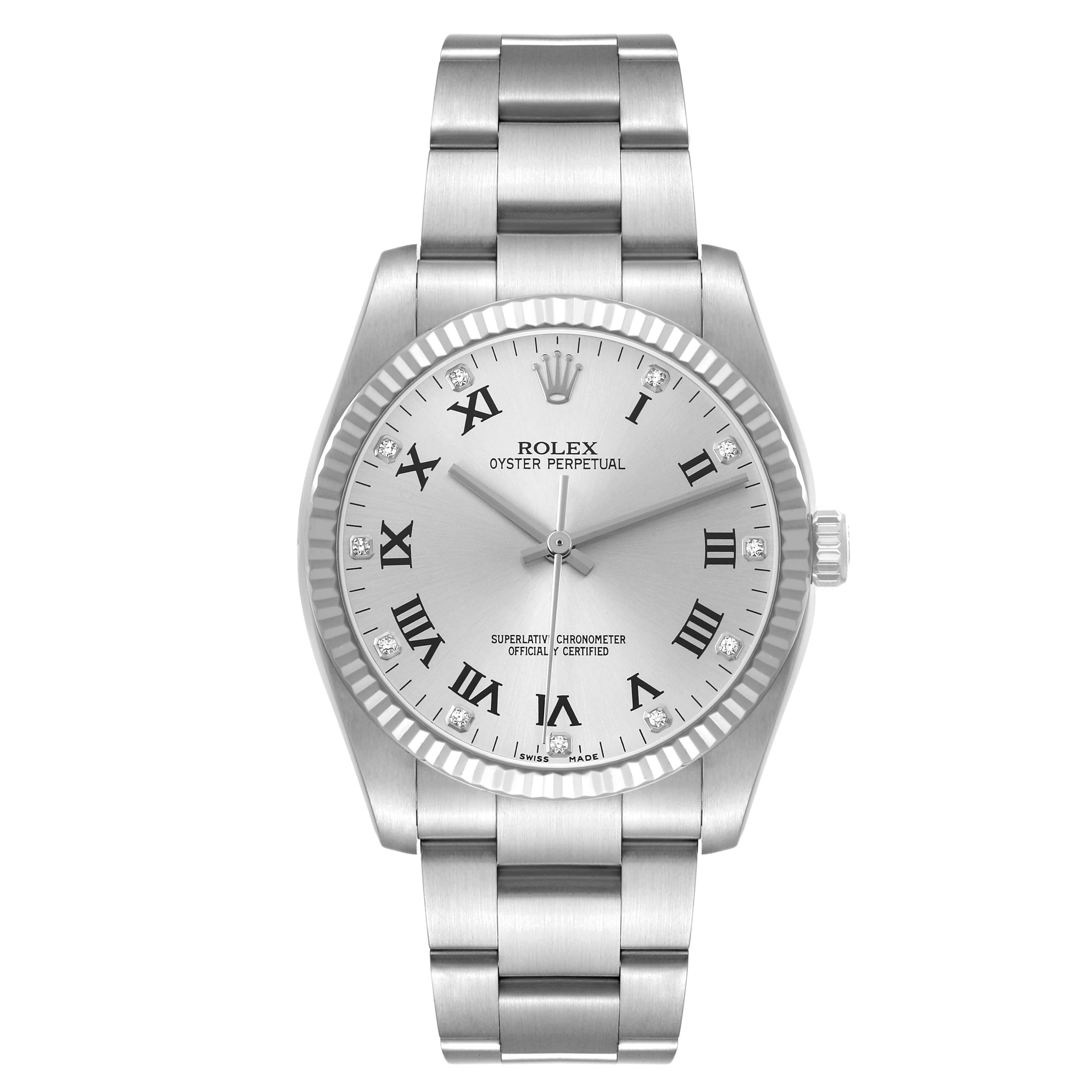 The Rolex Oyster Perpetual 116034 Men's Stainless Steel Silver Dial is shown from the front, highlighting the dial, bezel, bracelet, and crown.