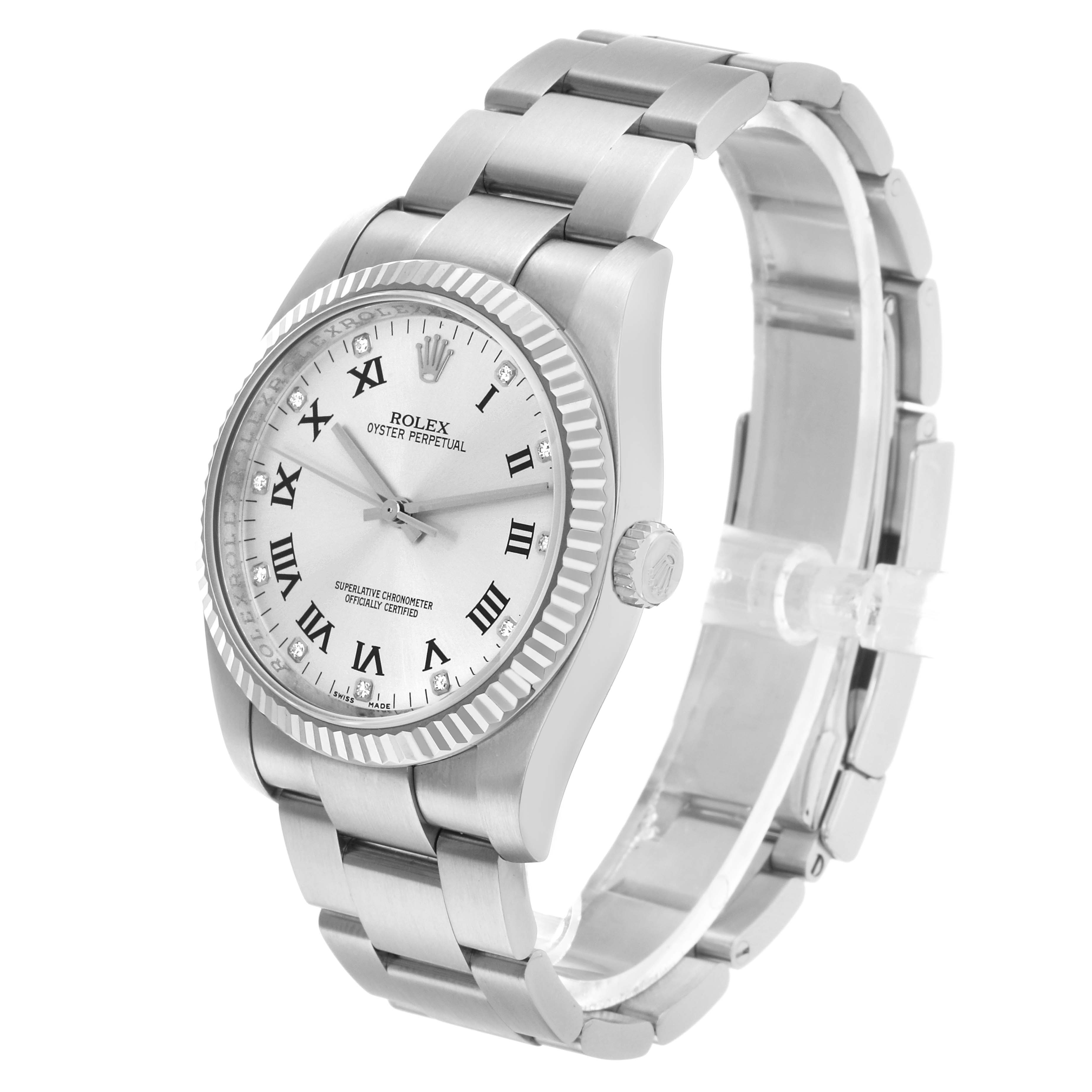 The Rolex Oyster Perpetual 116034 Men's Stainless Steel Silver Dial watch is shown at an angled side view, displaying the face, case, bezel, crown, and bracelet.