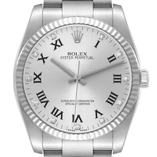 The Rolex Oyster Perpetual 116034 Men's Stainless Steel Silver Dial watch is shown from the front, highlighting its dial, bezel, and part of the bracelet.
