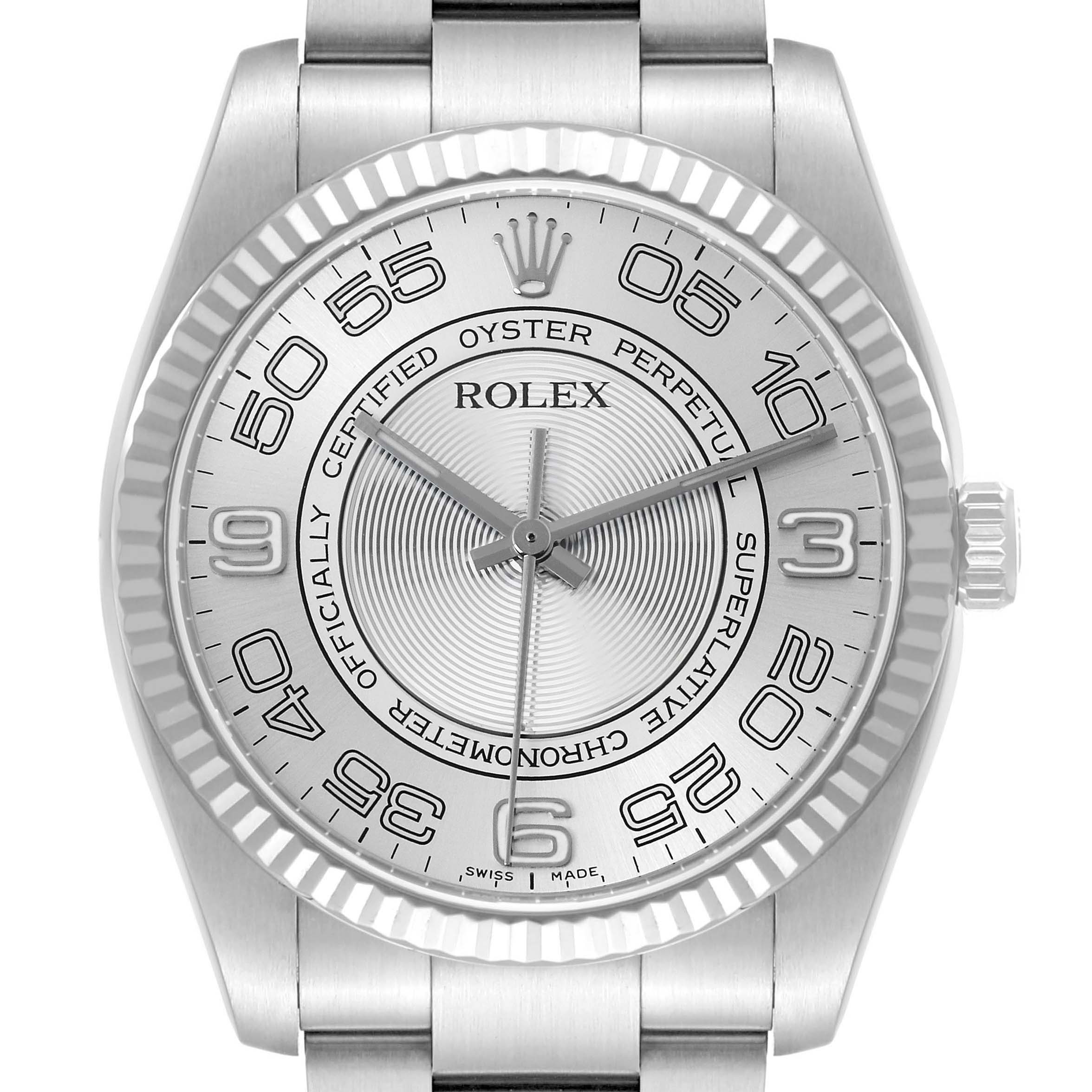 The Rolex Oyster Perpetual 116034 Men's Stainless Steel Silver Dial watch is shown from a front angle, highlighting its dial, bezel, and crown.