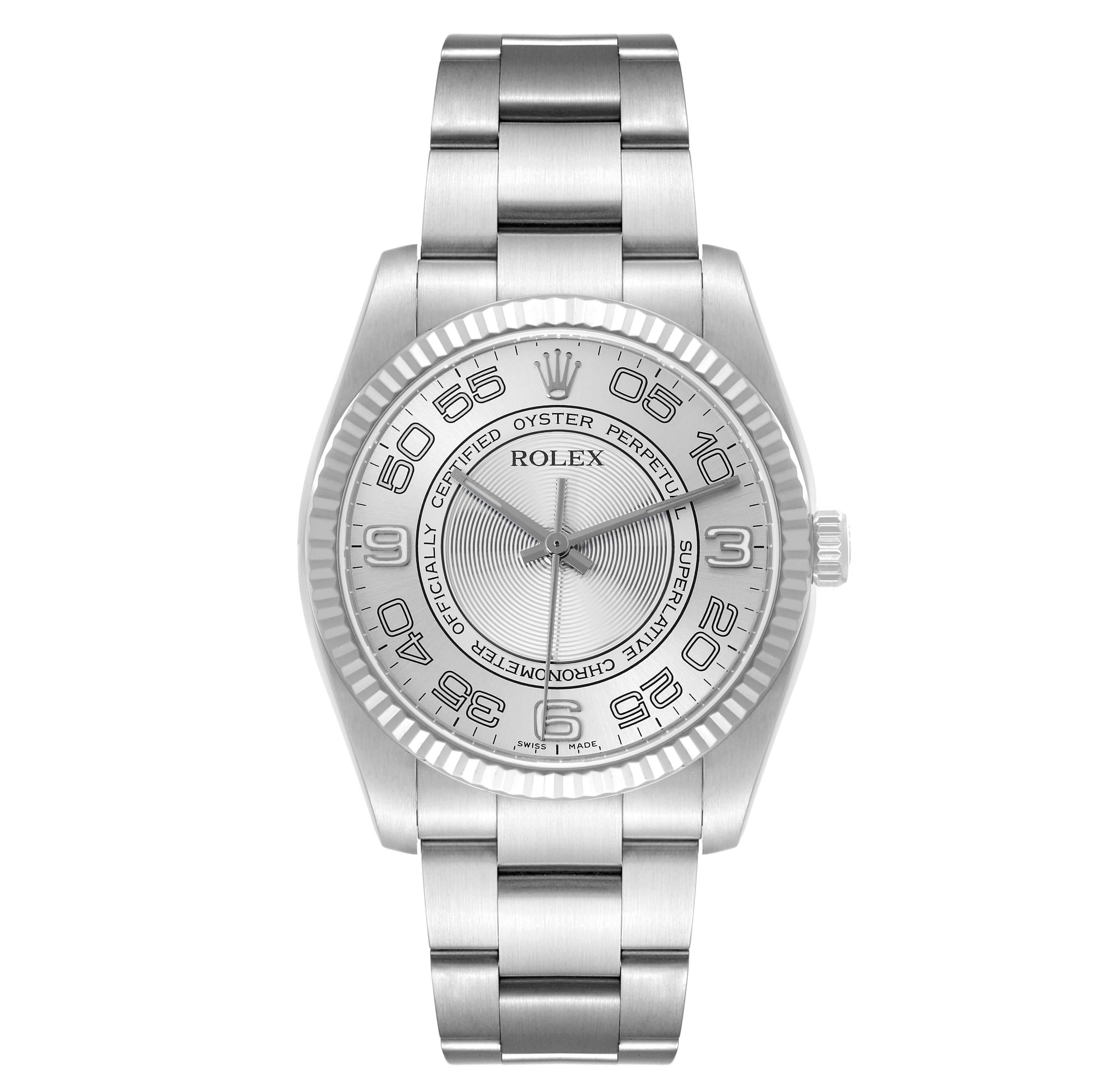 The Rolex Oyster Perpetual 116034 Men's Stainless Steel Silver Dial watch is shown from a front angle, displaying the dial, bezel, and stainless steel bracelet.
