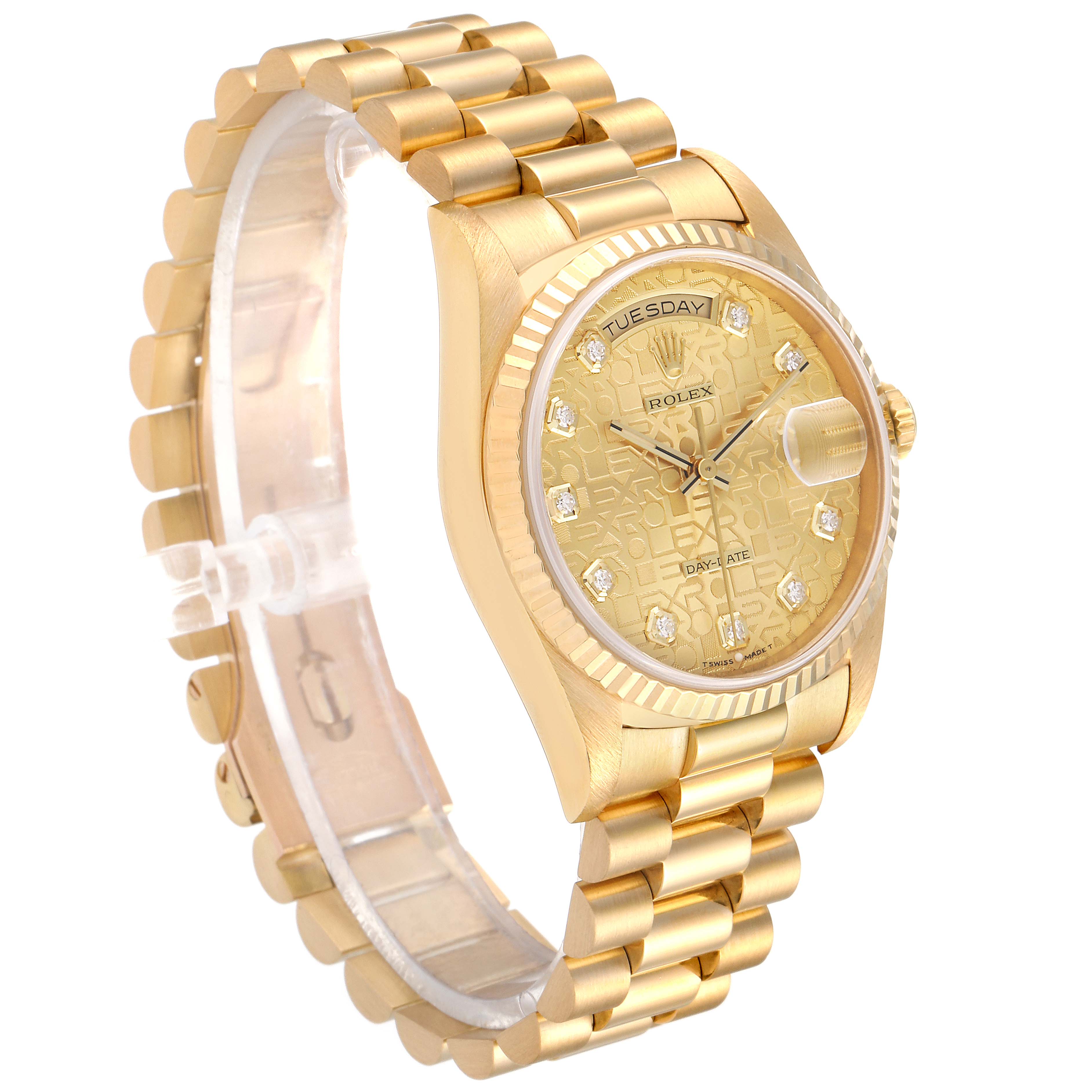 This image shows a side-angle view of a gold Rolex President 18238 Men's Yellow Gold Champagne Dial 18238 Men's Yellow Gold Champagne Dial model, highlighting the watch face and bracelet.