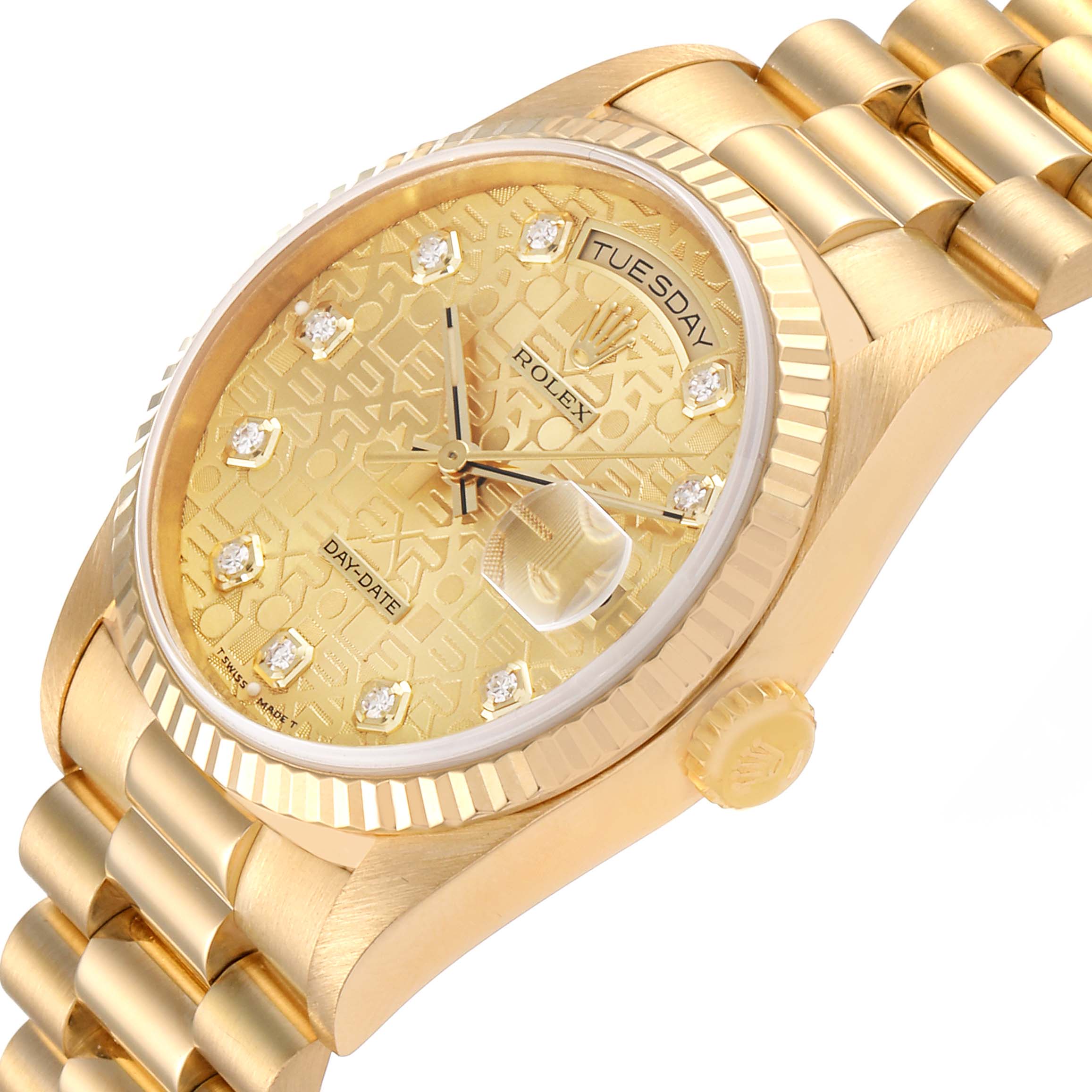 The image shows a close-up, angled view of the Rolex President 18238 Men's Yellow Gold Champagne Dial 18238 Men's Yellow Gold Champagne Dial model watch, highlighting the dial, bezel, crown, and part of the bracelet.