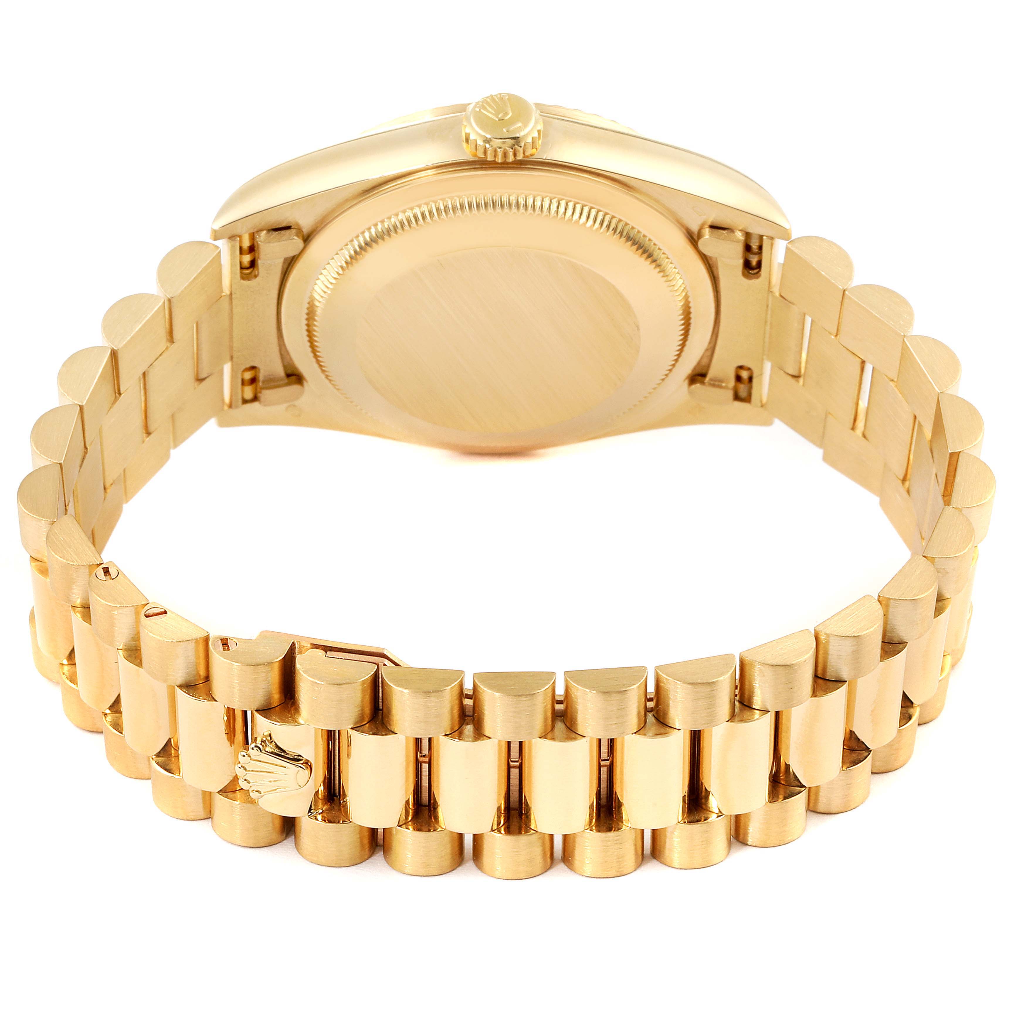 The image shows the back case and bracelet of a Rolex President 18238 Men's Yellow Gold Champagne Dial 18238 Men's Yellow Gold Champagne Dial model watch from a direct rear angle.