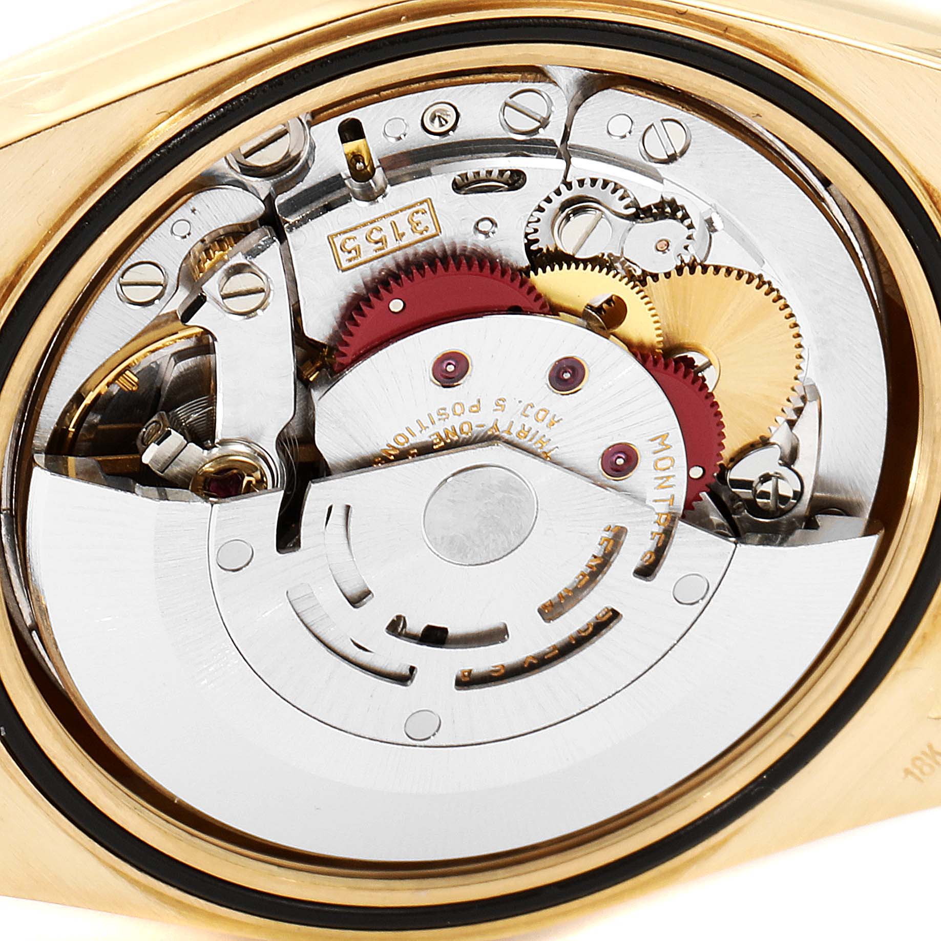 This image shows a close-up view of the inner movement mechanism of the Rolex President 18238 Men's Yellow Gold Champagne Dial 18238 Men's Yellow Gold Champagne Dial model watch.