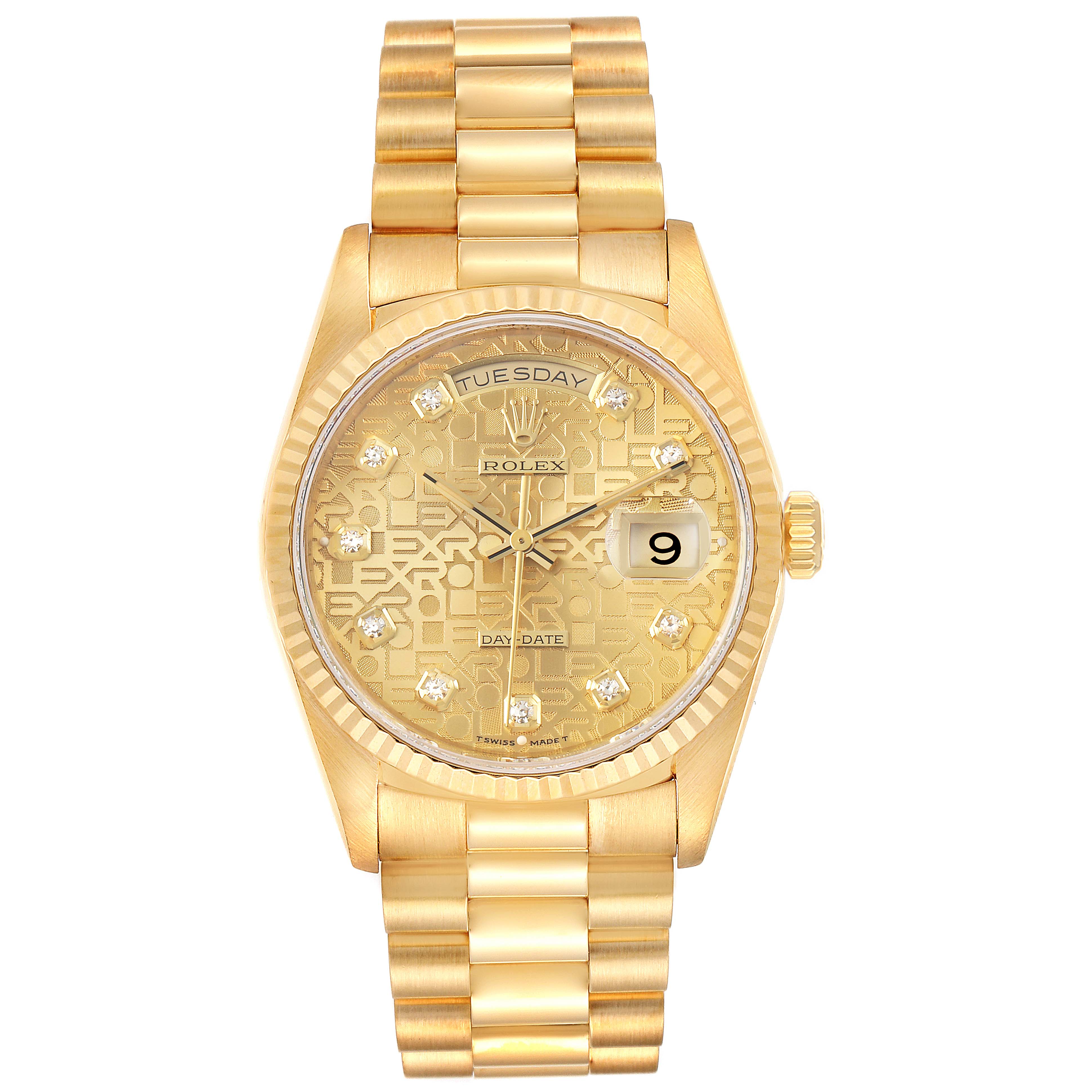 This image shows a frontal view of a Rolex President 18238 Men's Yellow Gold Champagne Dial 18238 Men's Yellow Gold Champagne Dial model watch, displaying its gold bracelet, dial, and day-date features.