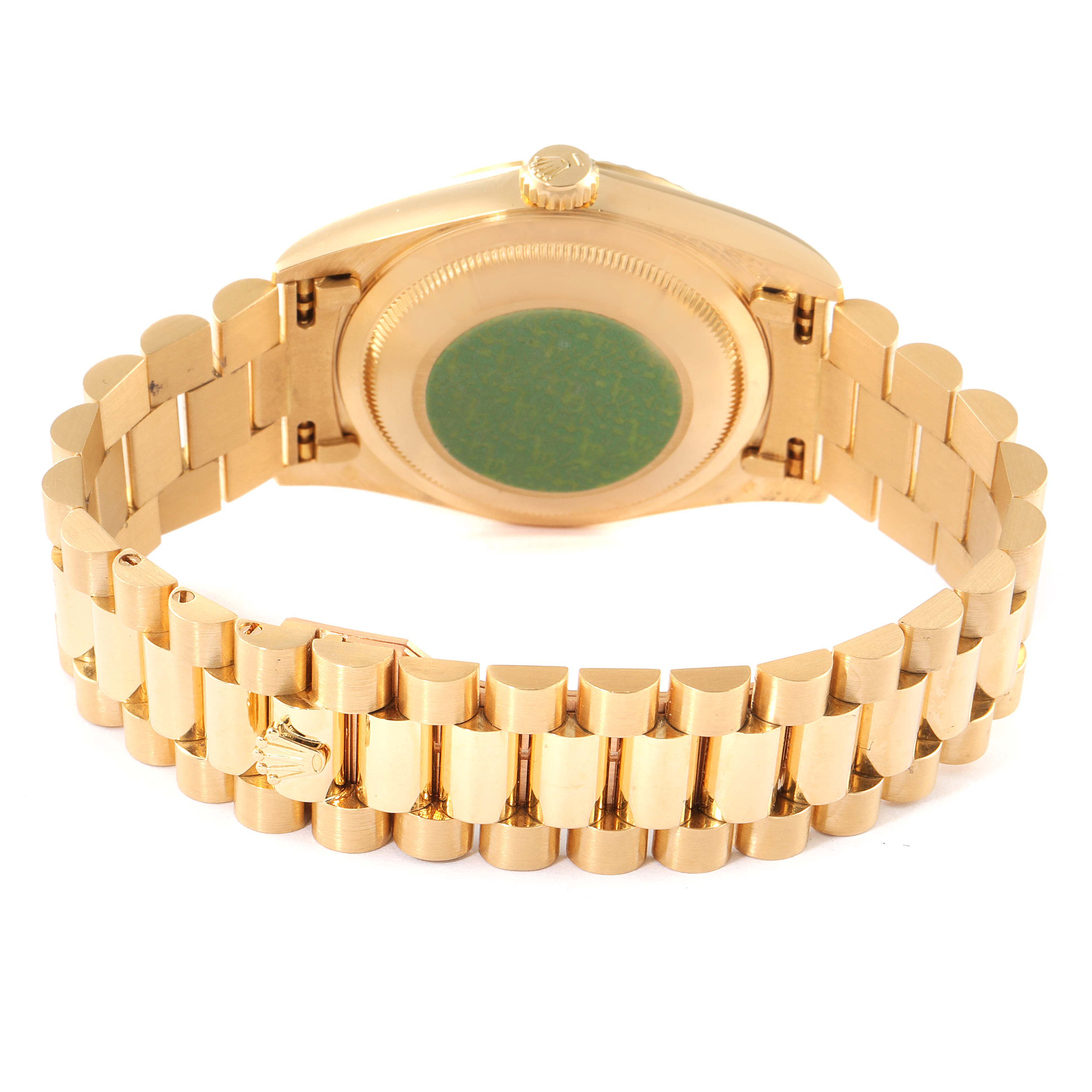 The image shows a Rolex President 18238 Men's Yellow Gold Champagne Dial 18238 Men's Yellow Gold Champagne Dial model watch from the back, highlighting the clasp and bracelet.