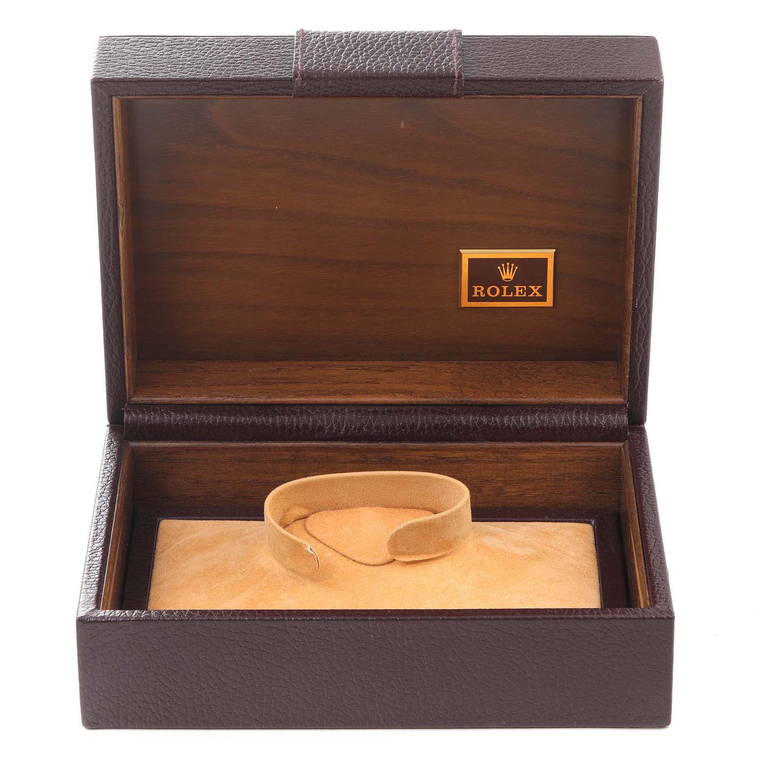 The image shows an open Rolex President 18238 Men's Yellow Gold Champagne Dial 18238 Men's Yellow Gold Champagne Dial model watch box, displaying the interior with a watch cushion inside.