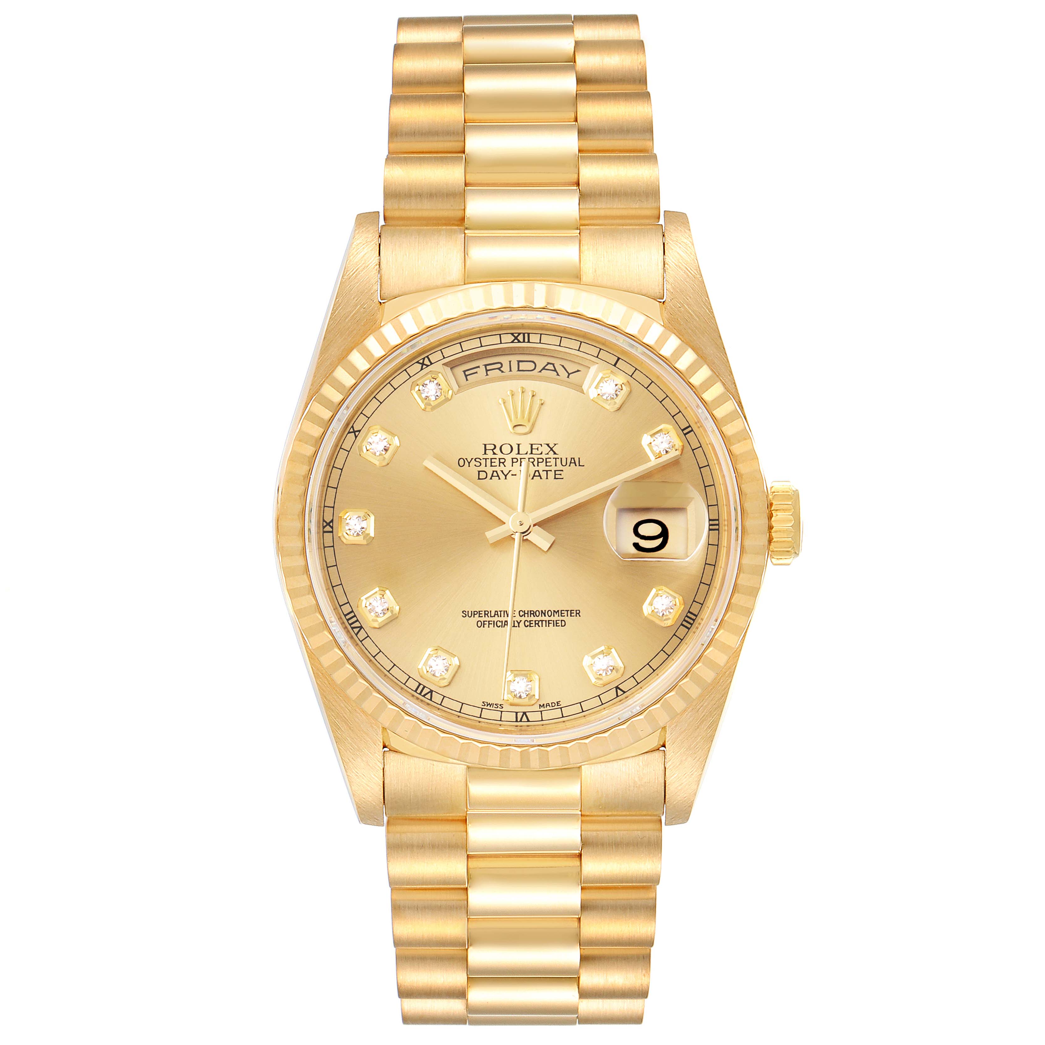 The Rolex President 18238 Men's Yellow Gold Champagne Dial 18238 Men's Yellow Gold Champagne Dial model watch is shown from a front angle, displaying the dial, day/date windows, and full gold bracelet.