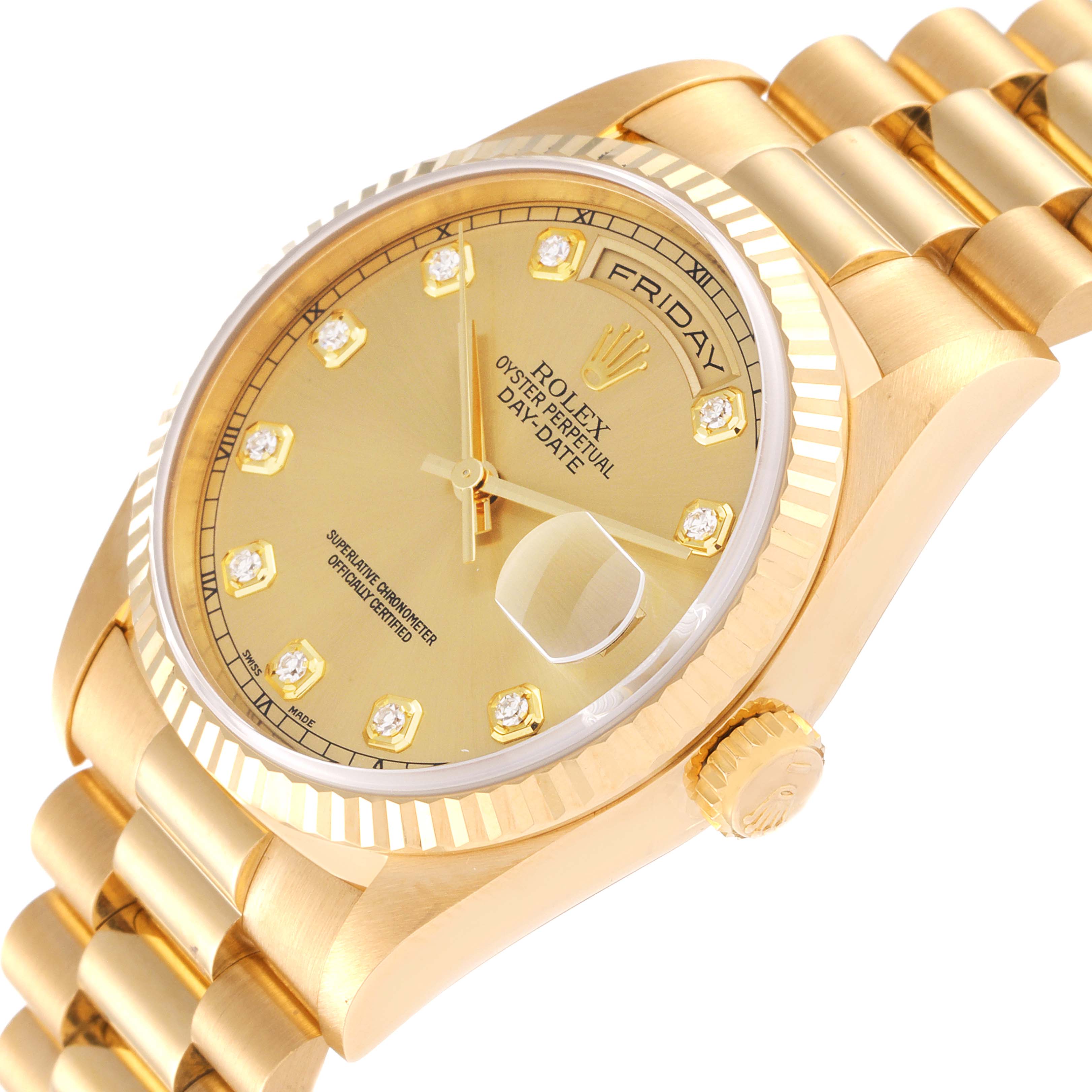 The image shows a Rolex President 18238 Men's Yellow Gold Champagne Dial 18238 Men's Yellow Gold Champagne Dial model watch at a tilted angle, highlighting the face, bezel, crown, and part of the bracelet.