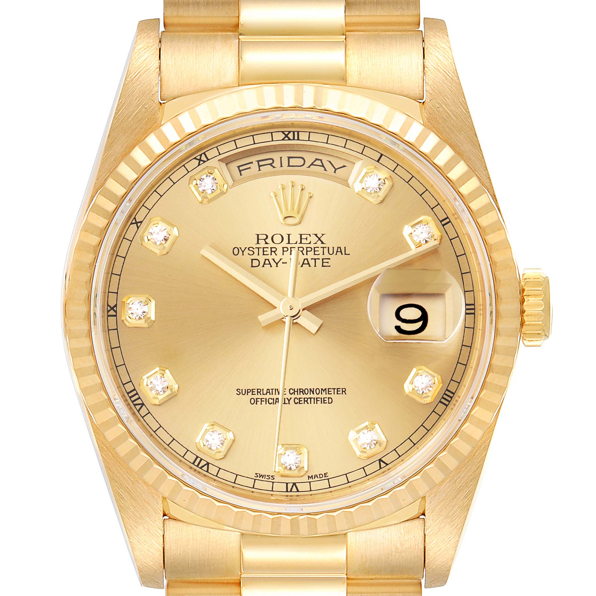 This is a close-up, front-facing angle of the Rolex President 18238 Men's Yellow Gold Champagne Dial 18238 Men's Yellow Gold Champagne Dial model, showcasing the dial, bezel, day-date display, and part of the bracelet.