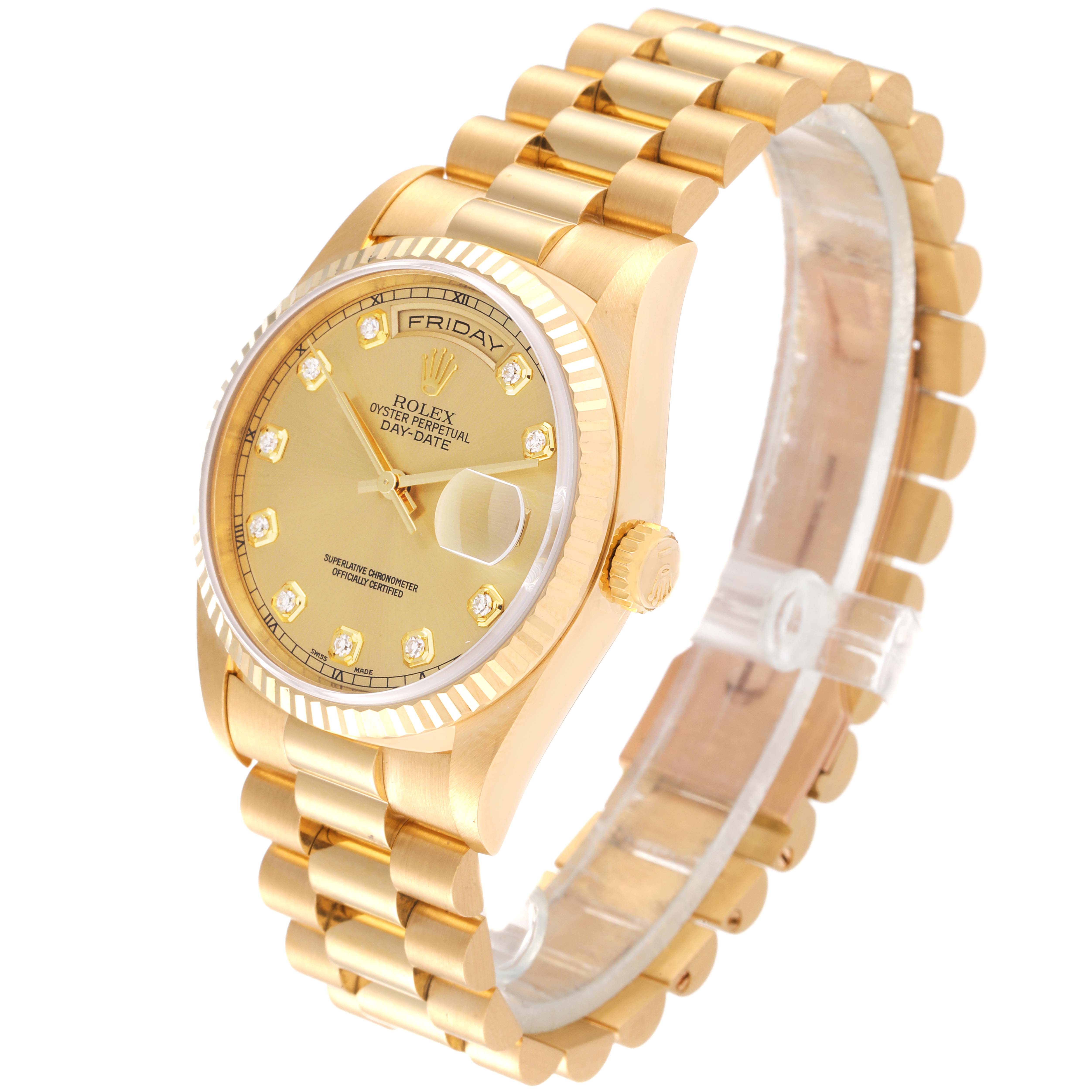 The Rolex President 18238 Men's Yellow Gold Champagne Dial 18238 Men's Yellow Gold Champagne Dial model watch is shown at a three-quarter angle, featuring its gold case, fluted bezel, and President bracelet.