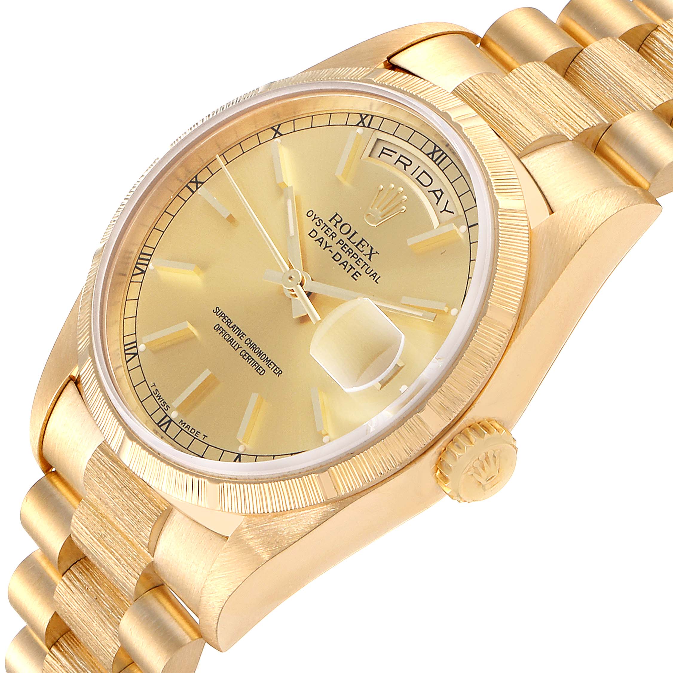 The Rolex President 18248 Men
s Yellow Gold Champagne Dial 18248 Men
s Yellow Gold Champagne Dial model watch is shown from an angled close-up, displaying the face, bezel, and part of the bracelet.