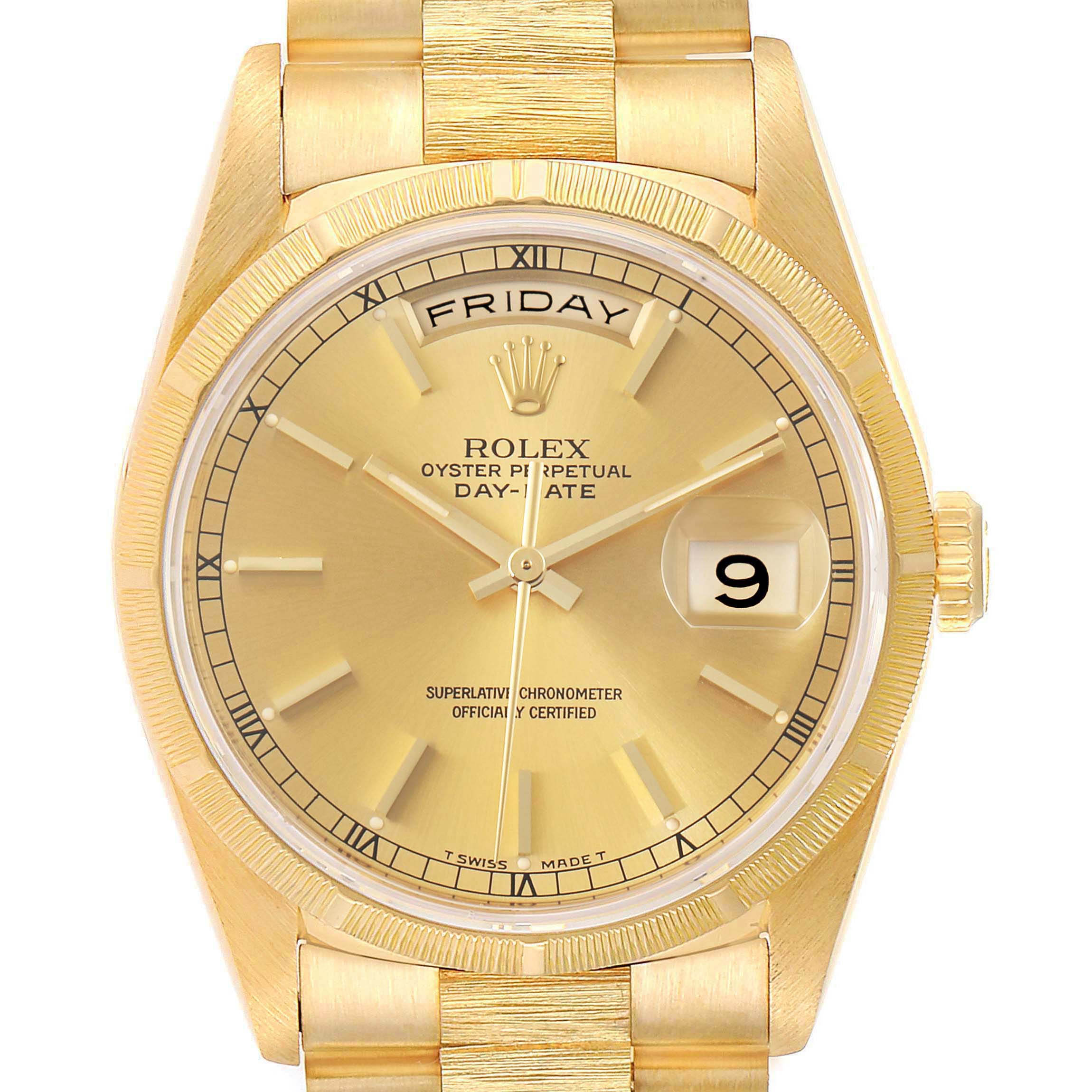 The image shows a front view of the Rolex President 18248 Men
s Yellow Gold Champagne Dial 18248 Men
s Yellow Gold Champagne Dial Day-Date watch, highlighting the dial, hands, day, and date indicators.