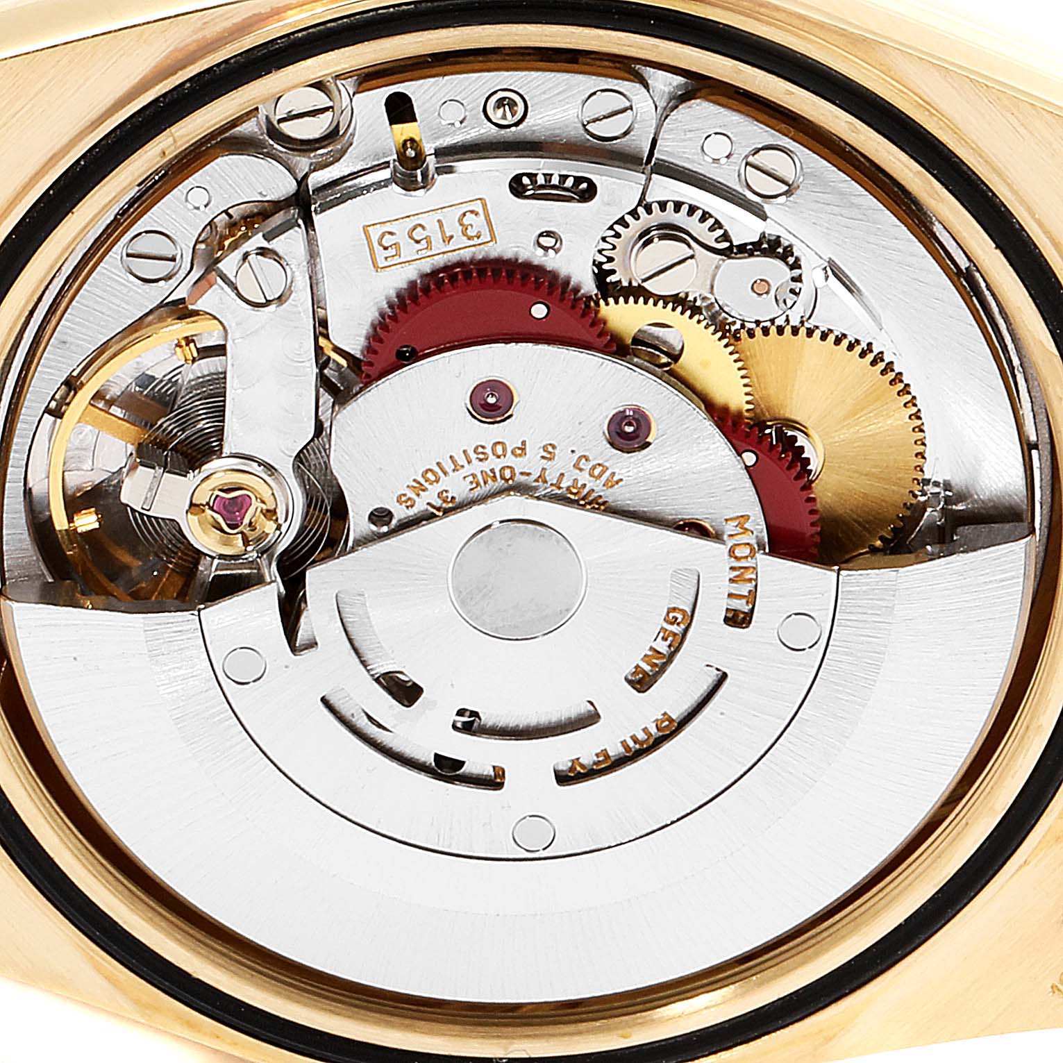 This image shows an internal view of the movement mechanism of a Rolex President 18248 Men
s Yellow Gold Champagne Dial 18248 Men
s Yellow Gold Champagne Dial model watch.